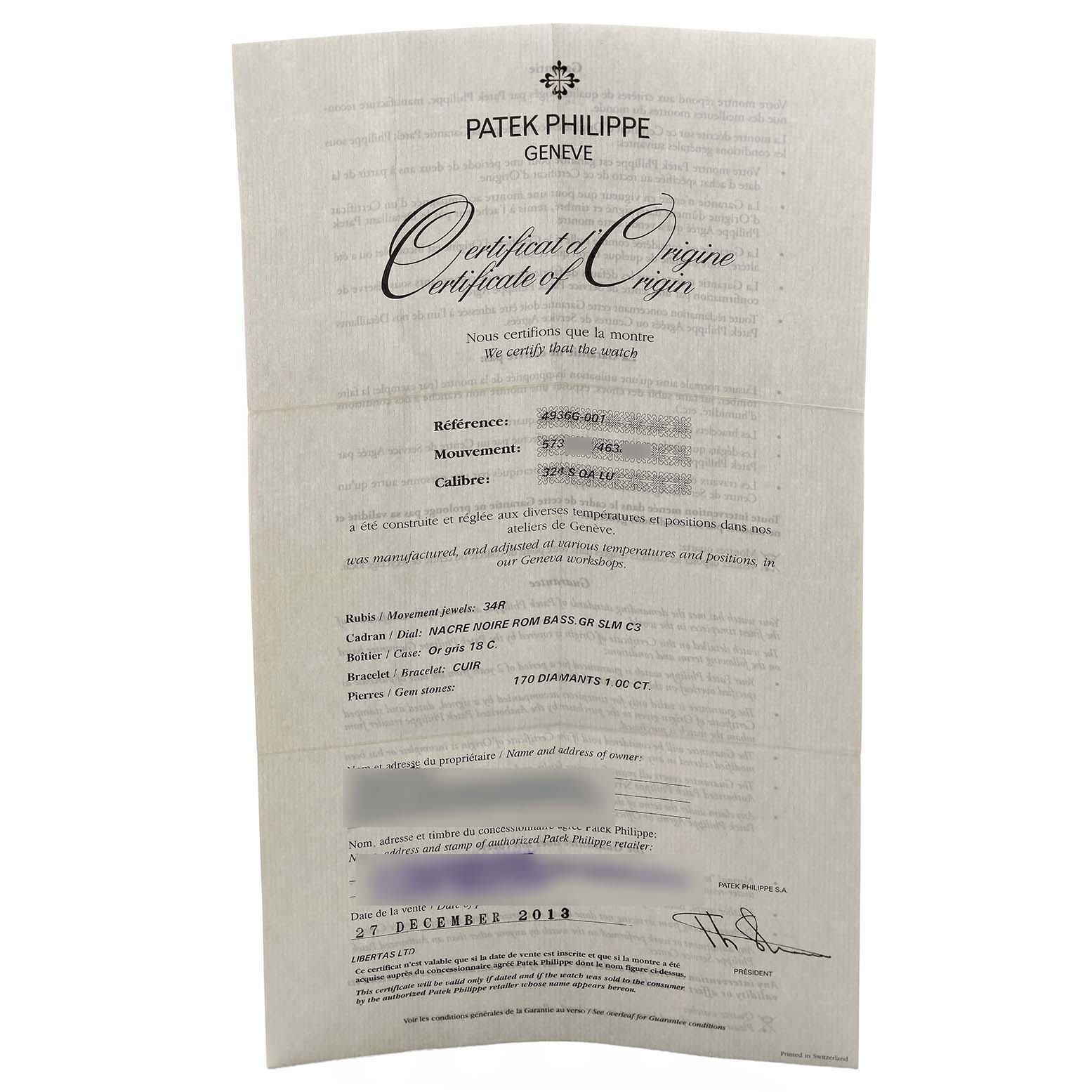 The image shows a Certificate of Origin for the Patek Philippe Complications 4936 Men's White Gold Mother of Pearl Dial model, providing details about the watch.