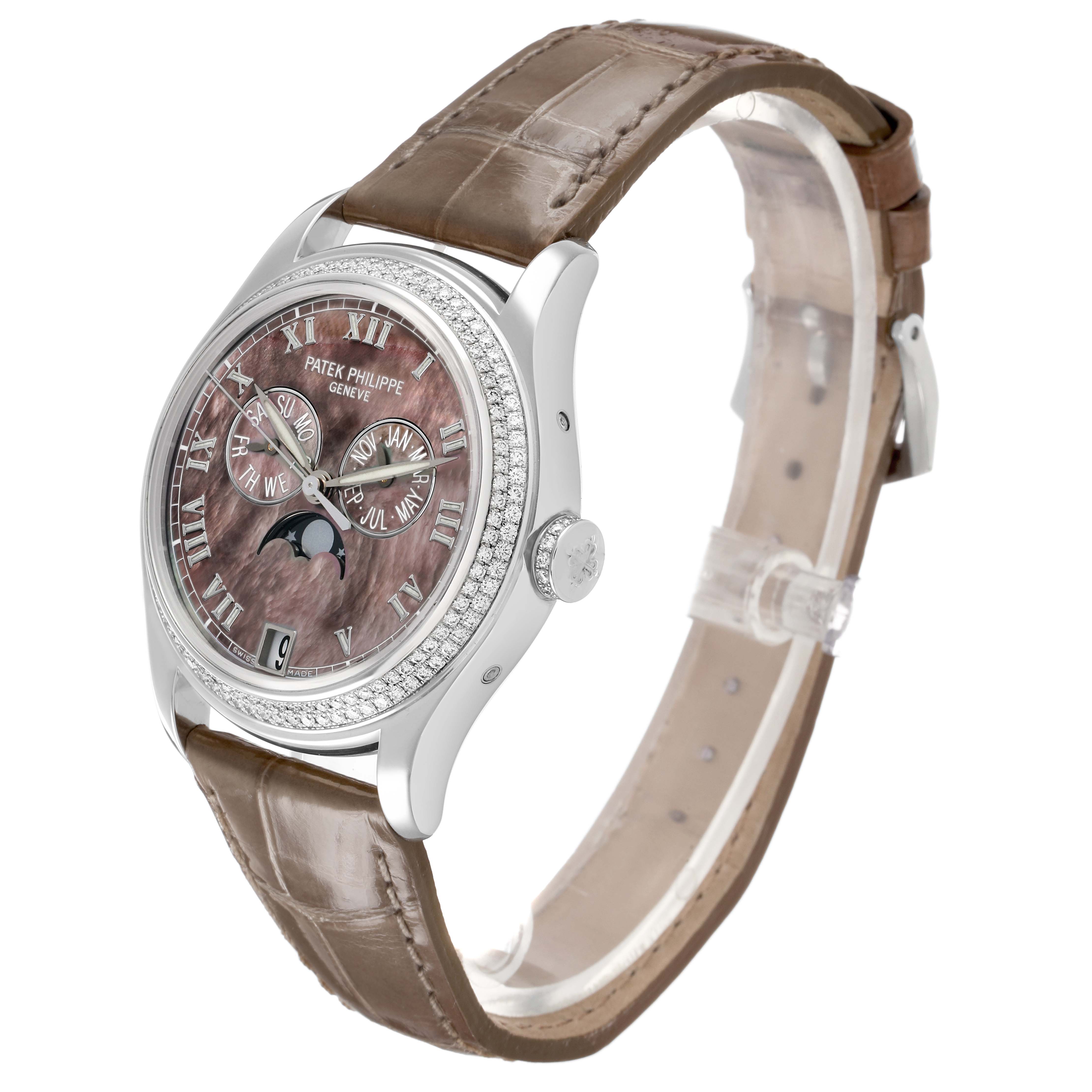 The Patek Philippe Complications 4936 Men's White Gold Mother of Pearl Dial watch is shown from a three-quarter angle, highlighting the dial, bezel, and brown strap.