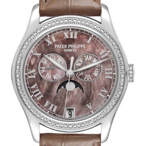 This Patek Philippe Complications 4936 Men's White Gold Mother of Pearl Dial watch is shown from the front, highlighting the textured dial, moon phase, and calendar subdials.