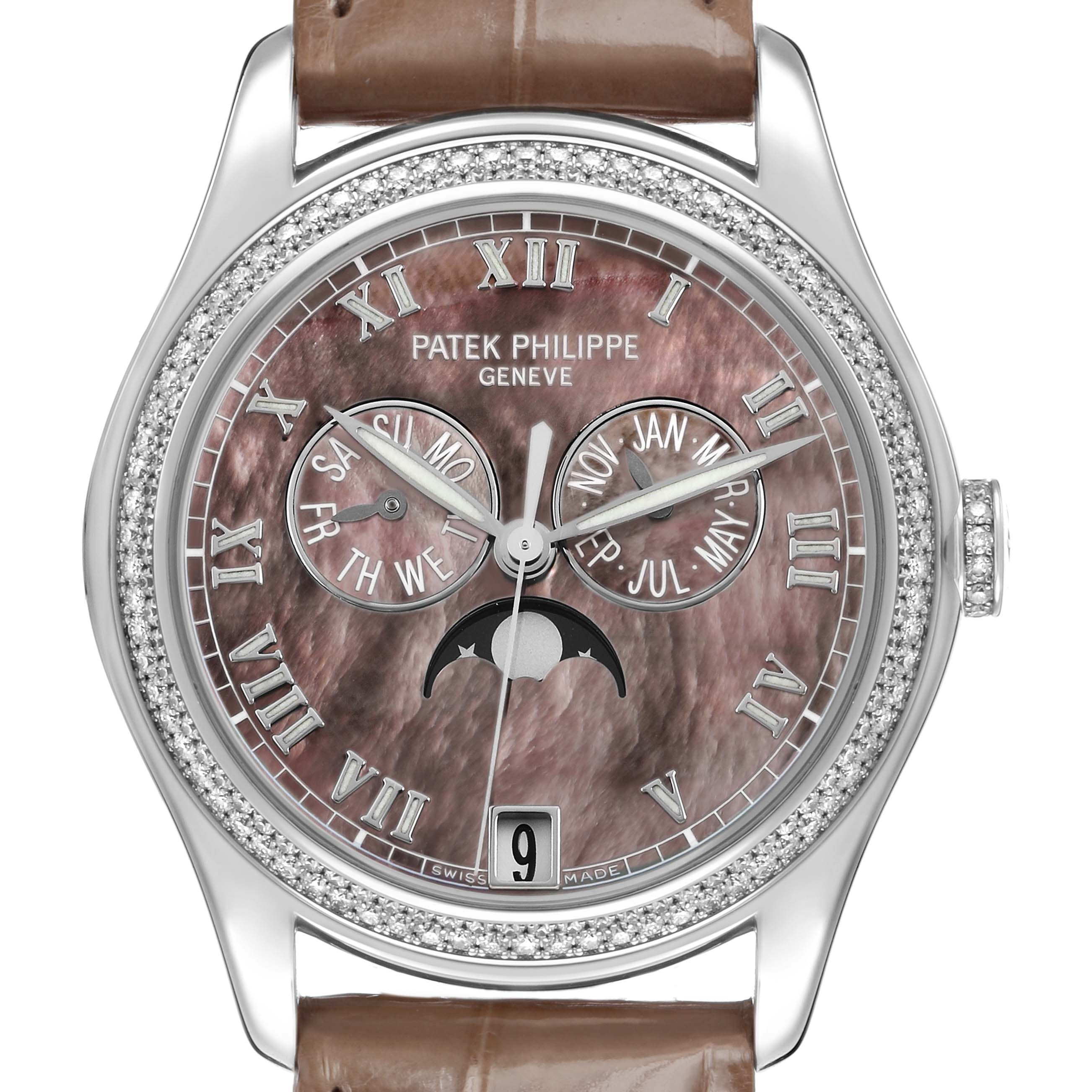 The Patek Philippe Complications 4936 Men's White Gold Mother of Pearl Dial watch is shown from the front, highlighting its face, dials, and diamond-studded bezel.