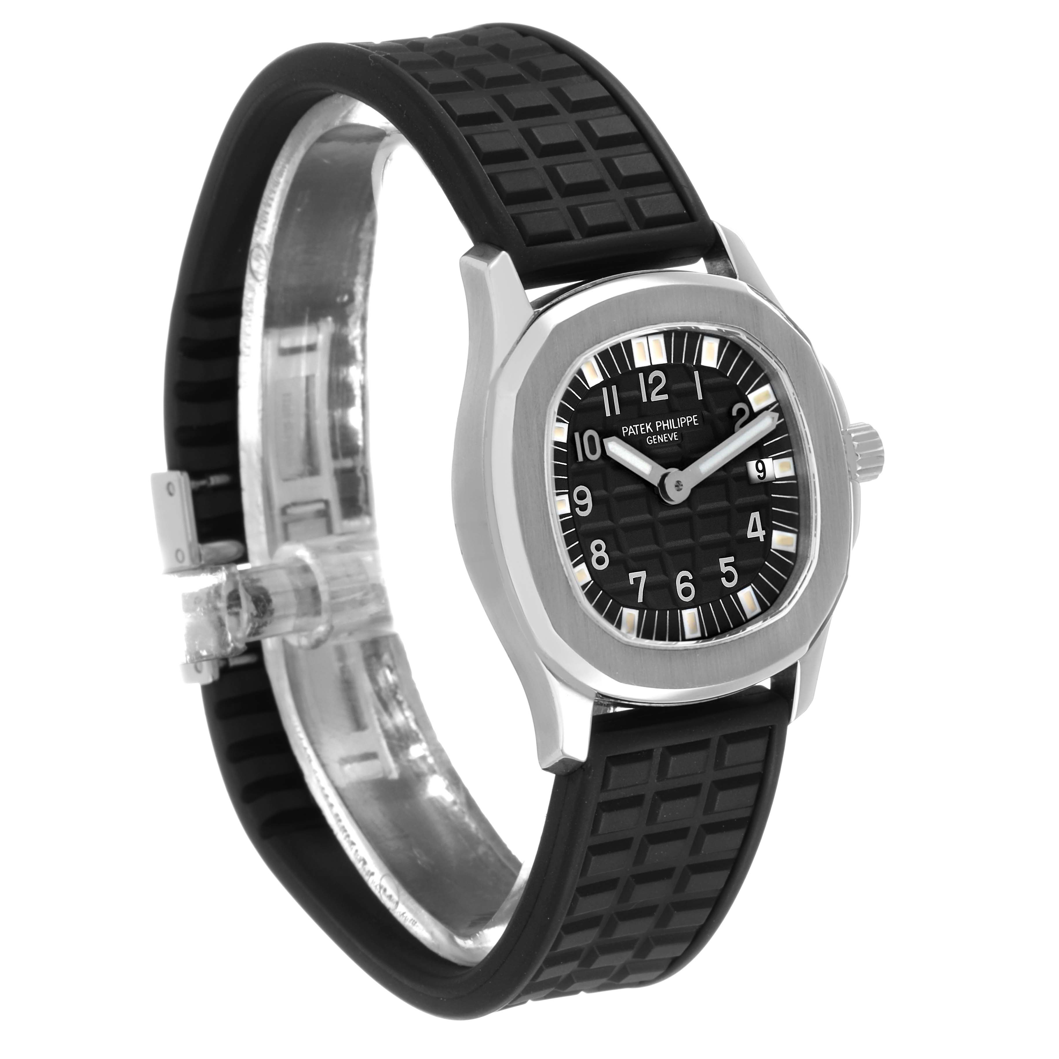 The Patek Philippe Aquanaut 4960/1A-001 Women's Stainless Steel Black Dial watch is shown at a slight angle, displaying the face, side, and textured rubber strap.