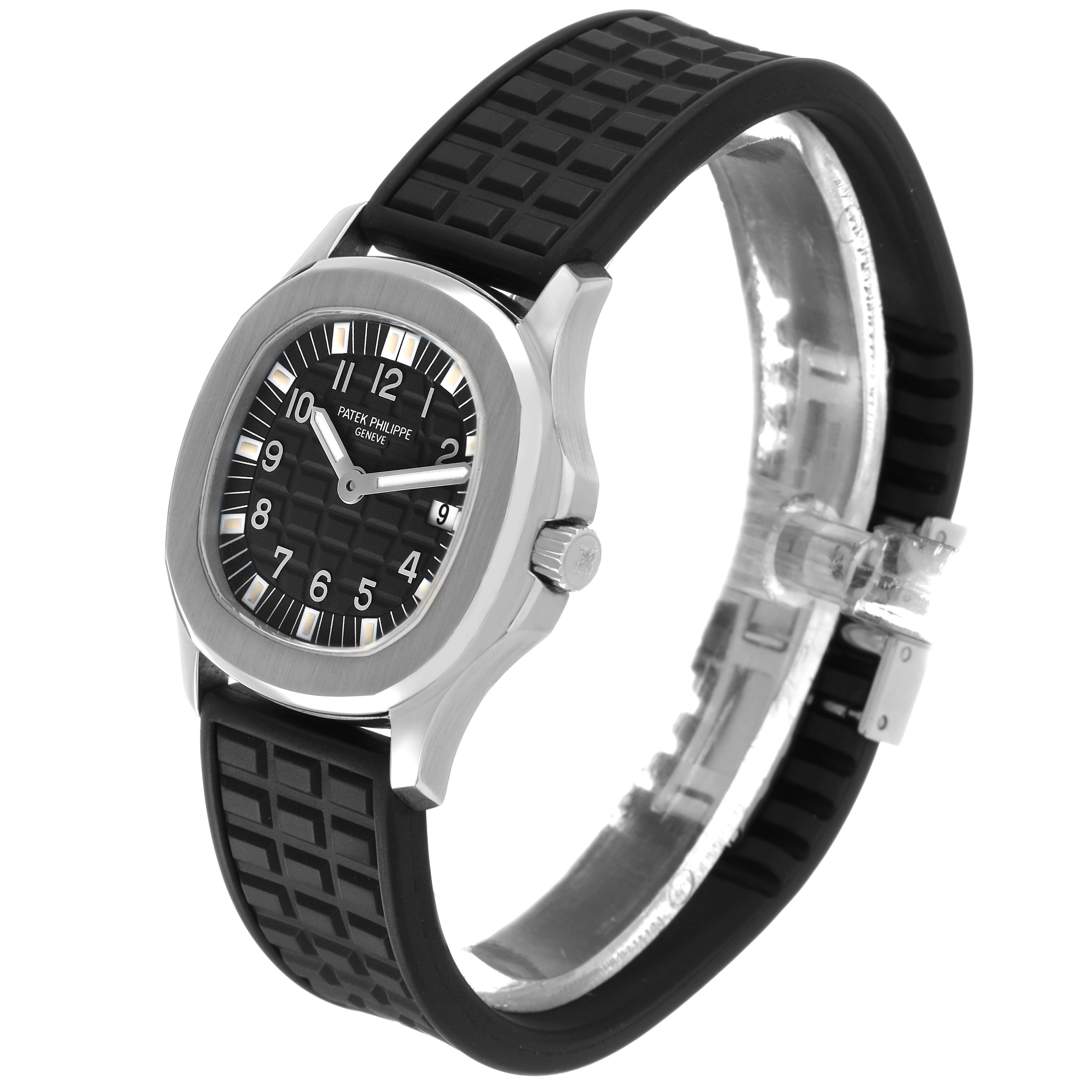 The Patek Philippe Aquanaut 4960/1A-001 Women's Stainless Steel Black Dial watch is shown at a three-quarter angle, highlighting the face, bezel, crown, and rubber strap.