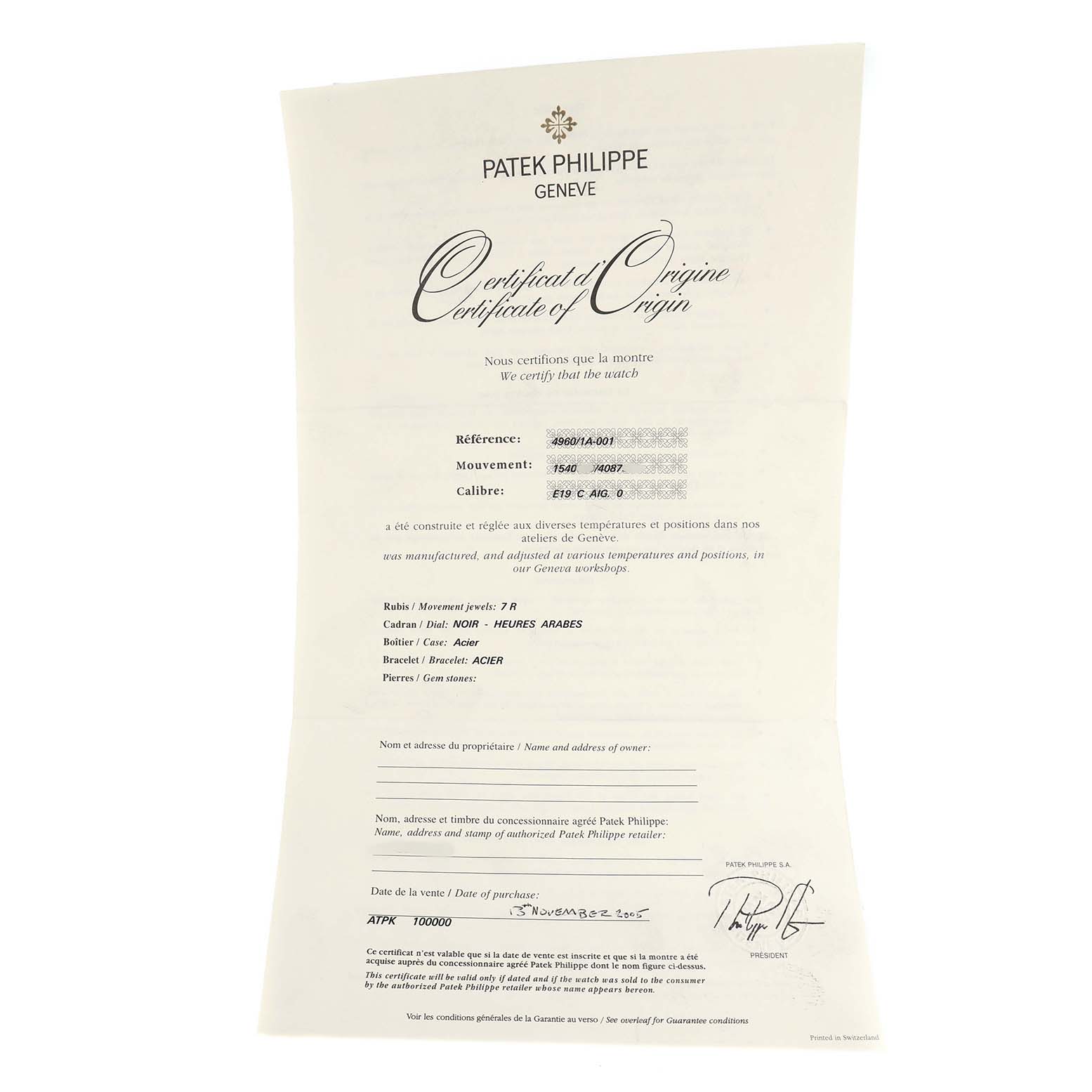 The image shows a Patek Philippe Certificate of Origin for the Aquanaut model.