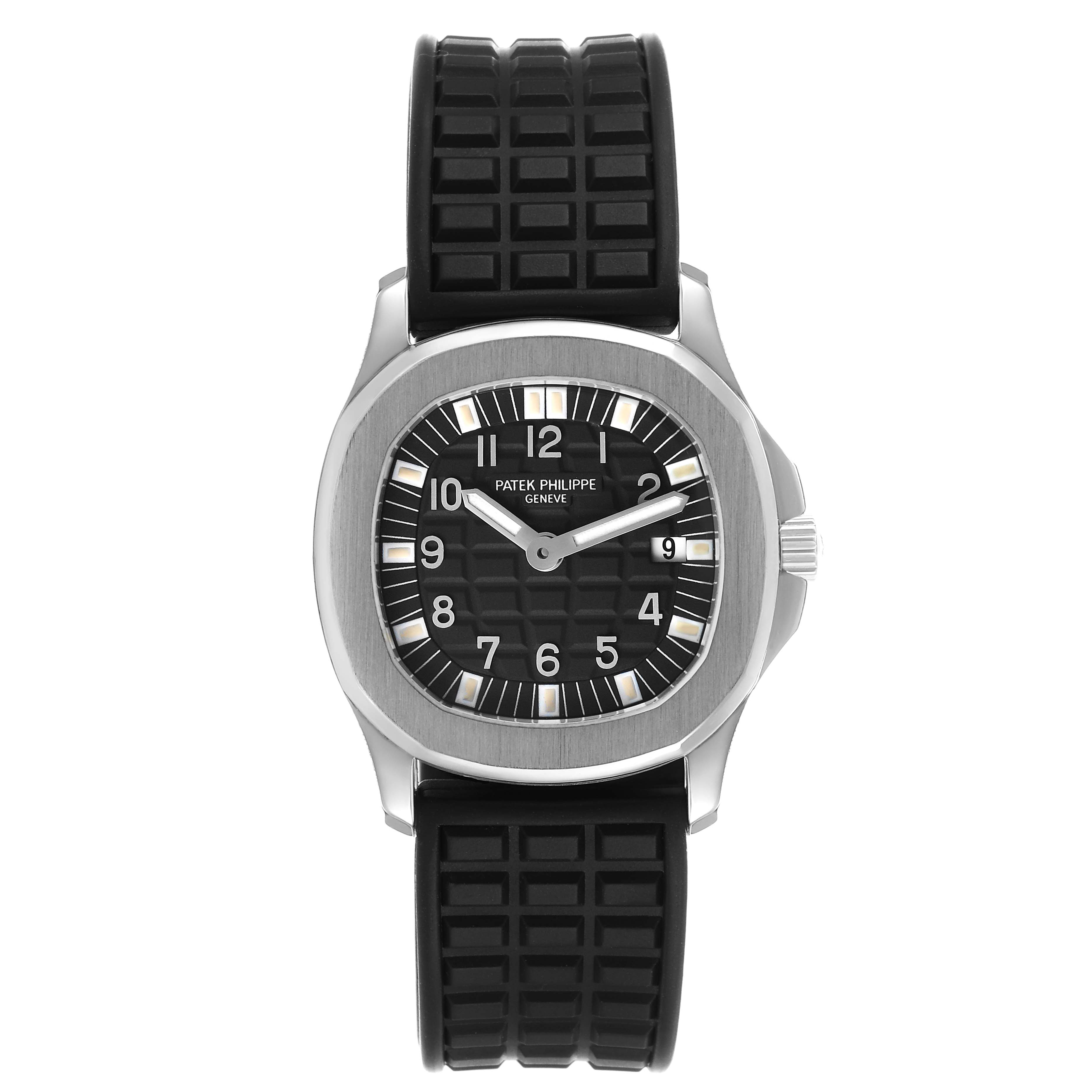The image shows a front view of the Patek Philippe Aquanaut 4960/1A-001 Women's Stainless Steel Black Dial watch, highlighting the face, case, and strap.