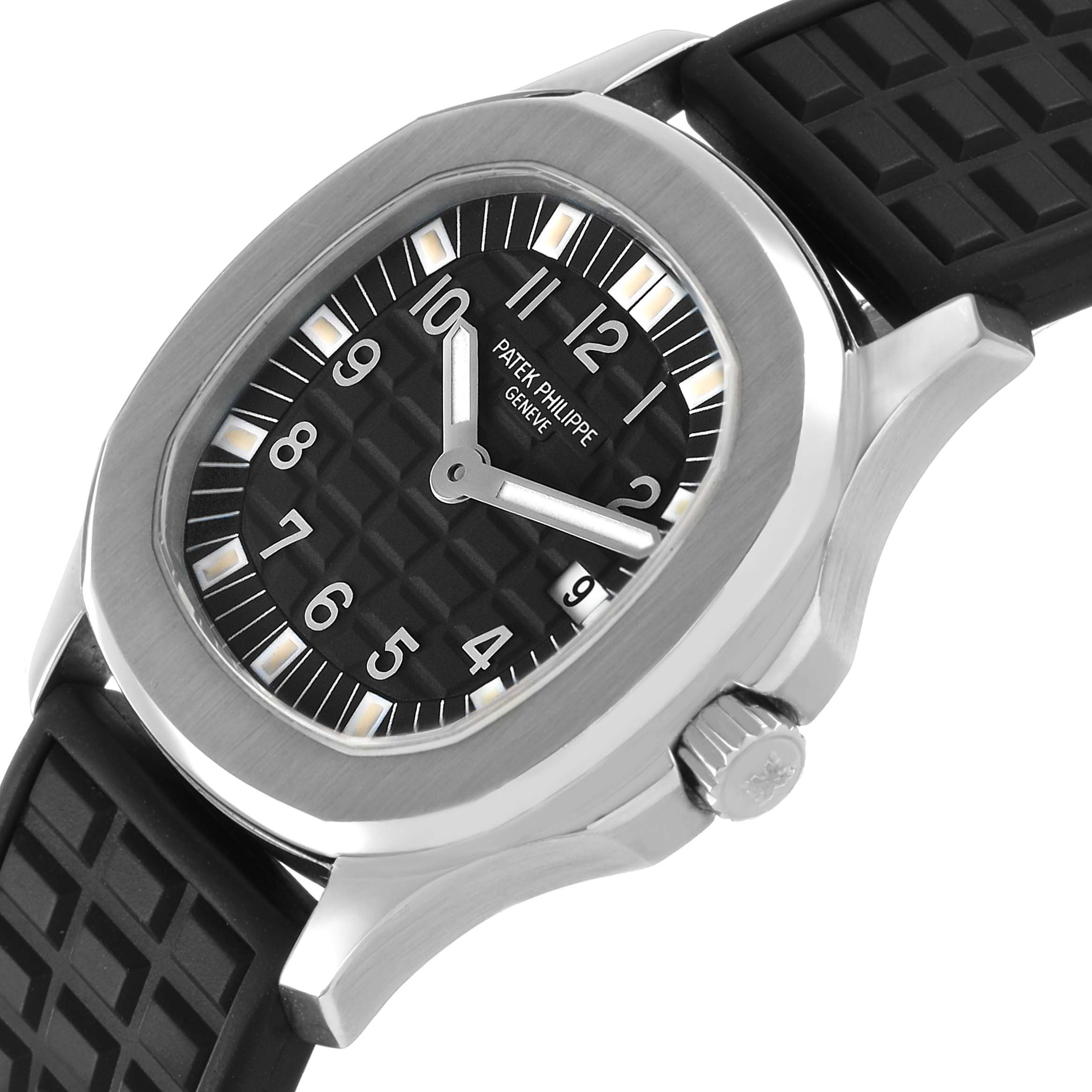 The Patek Philippe Aquanaut 4960/1A-001 Women's Stainless Steel Black Dial watch is shown at an angle displaying the face, bezel, rubber strap, and crown.