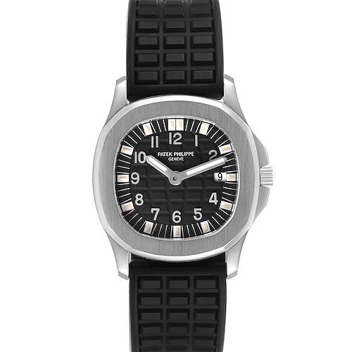 The Patek Philippe Aquanaut 4960/1A-001 Women's Stainless Steel Black Dial watch is shown from a front view, highlighting the dial, bezel, and rubber strap.
