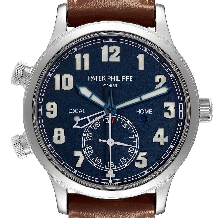 The image shows a front view of the Patek Philippe Calatrava watch, highlighting its dial, hands, and crown.