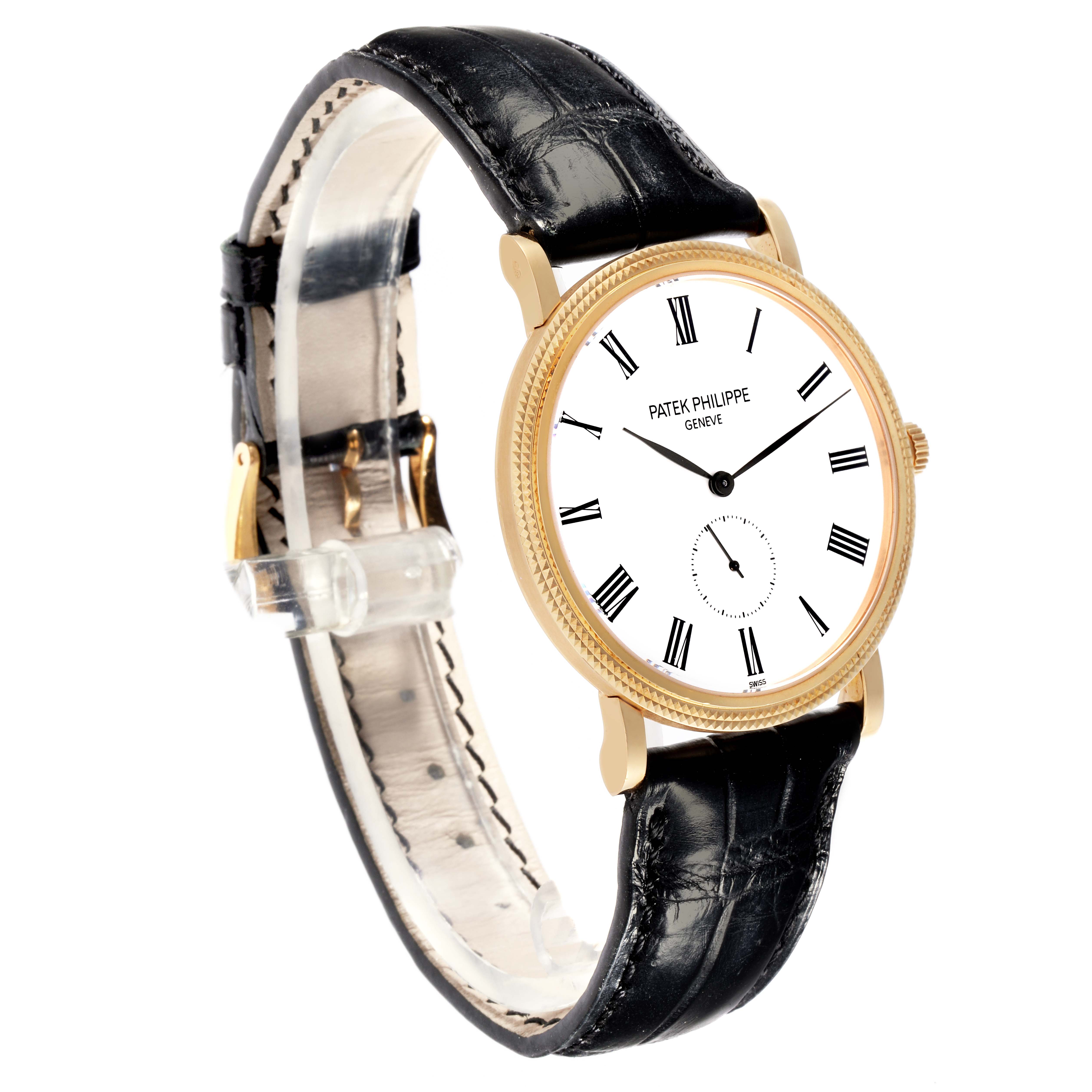 The Patek Philippe Calatrava 5119J Men's Yellow Gold White Dial 5119J Men's Yellow Gold White Dial watch is shown at a side angle, displaying the face, bezel, and leather strap.
