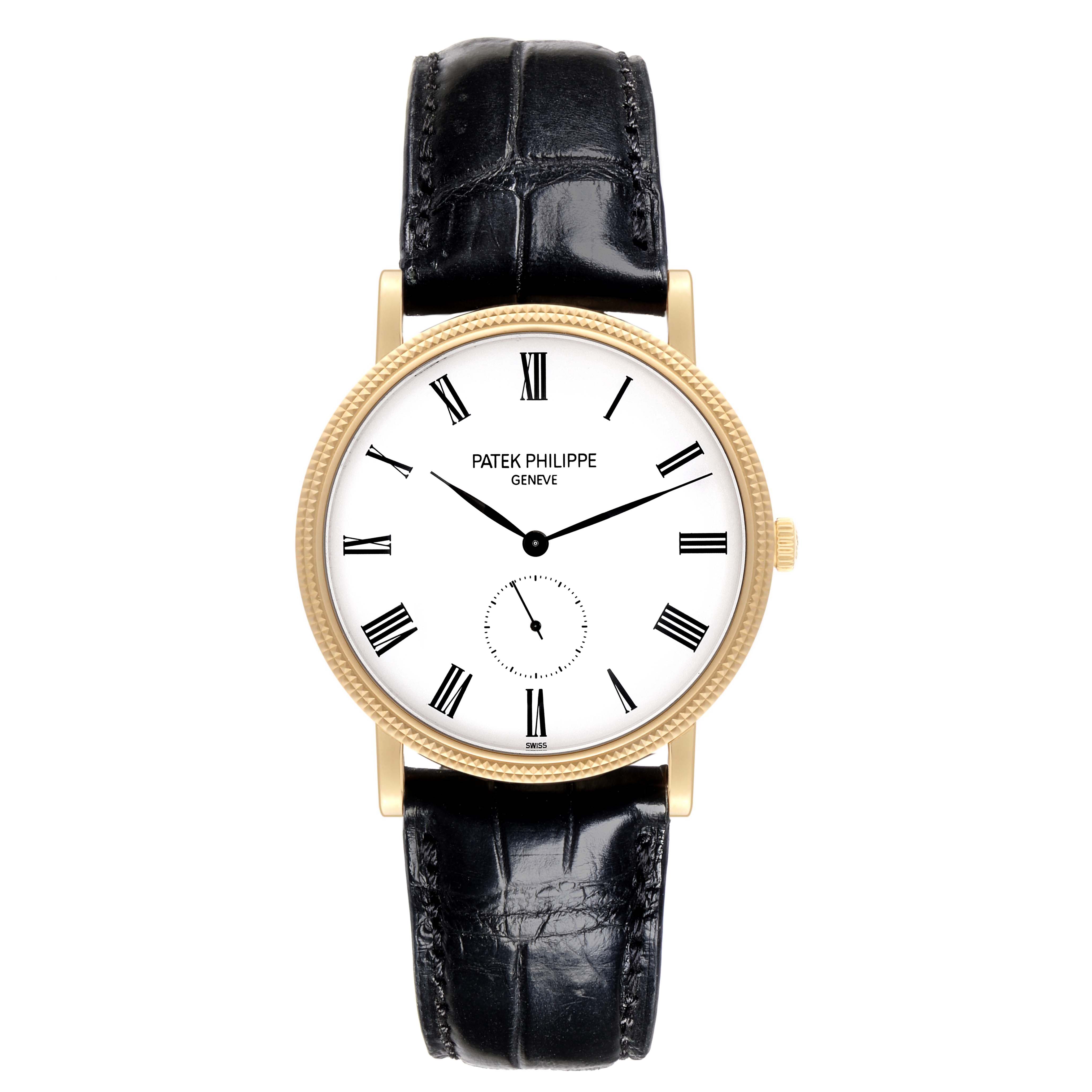 The Patek Philippe Calatrava 5119J Men's Yellow Gold White Dial 5119J Men's Yellow Gold White Dial watch is shown from the front, highlighting the face, hands, and leather strap.