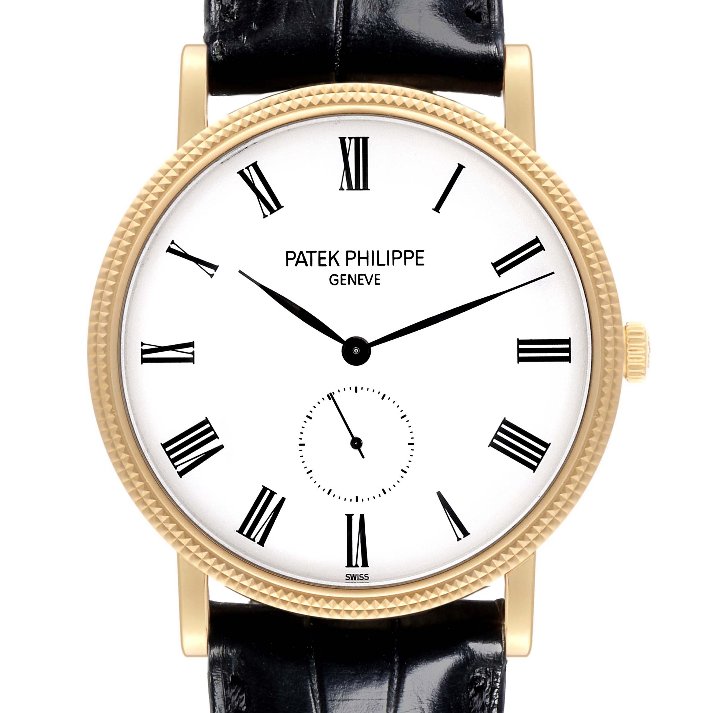 The image shows a front view of the Patek Philippe Calatrava 5119J Men's Yellow Gold White Dial 5119J Men's Yellow Gold White Dial watch, highlighting its dial, hands, and Roman numerals.