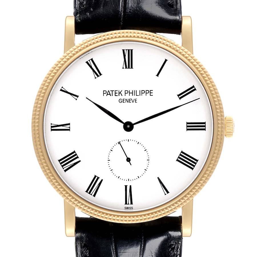 The image shows a front view of the Patek Philippe Calatrava watch, highlighting its dial, hands, and Roman numerals.