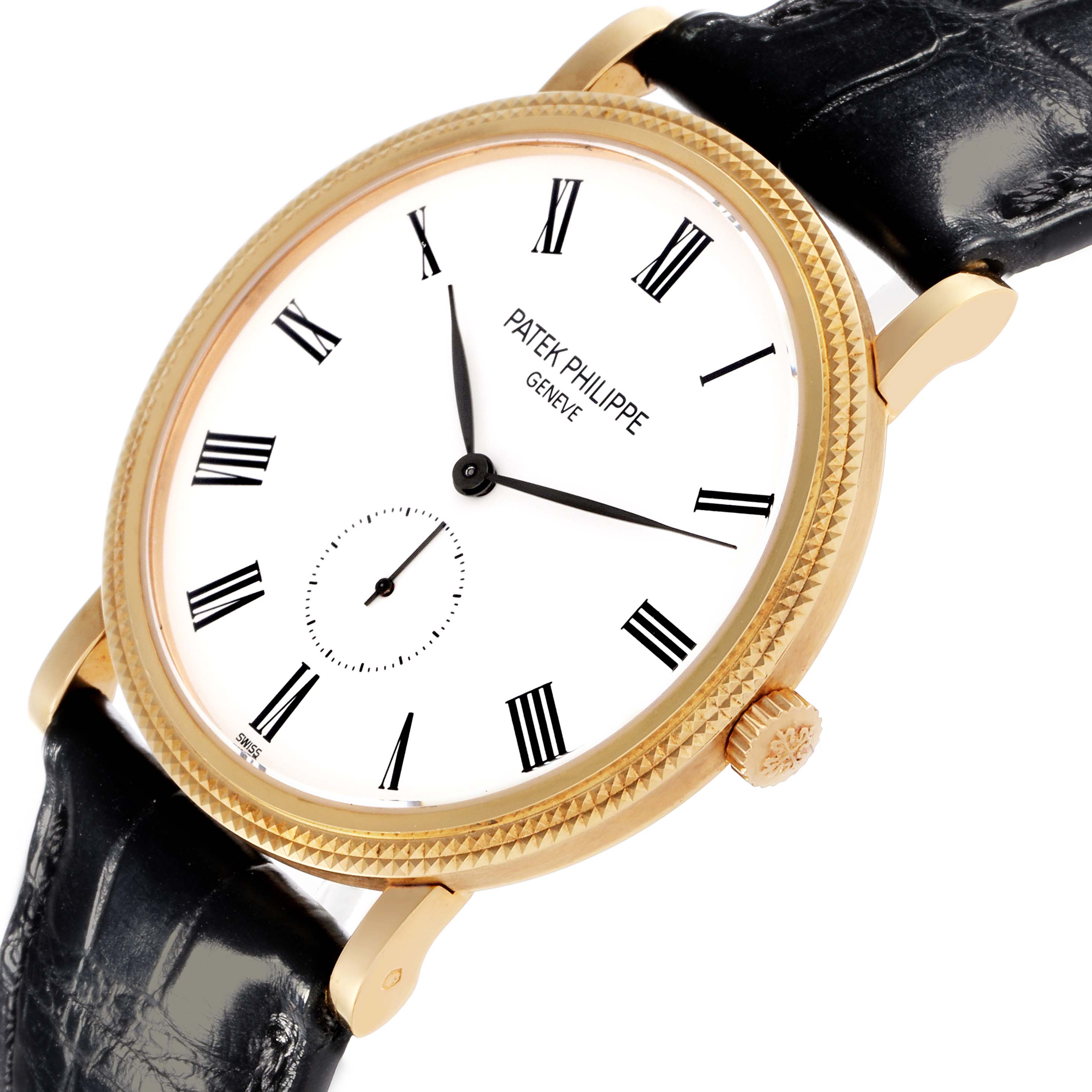 The Patek Philippe Calatrava 5119J Men's Yellow Gold White Dial 5119J Men's Yellow Gold White Dial watch is shown at an angle highlighting the face, crown, and leather strap attachment.