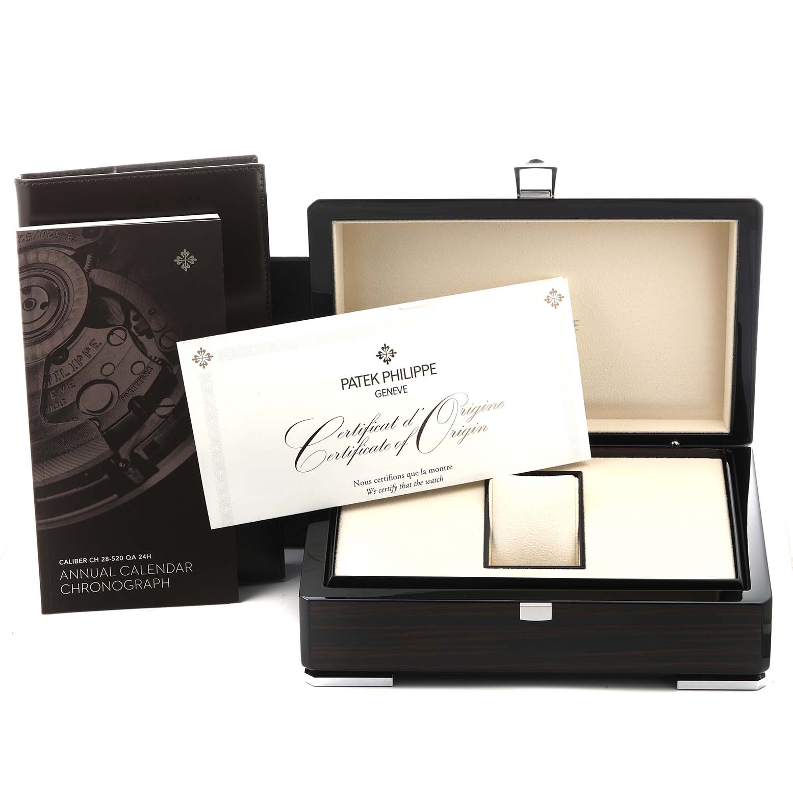 The image shows the packaging and documentation for a Patek Philippe Complications 5905P - 001 Men's Platinum Blue Dial 5905P - 001 Men's Platinum Blue Dial model, including the box and certificate of origin.