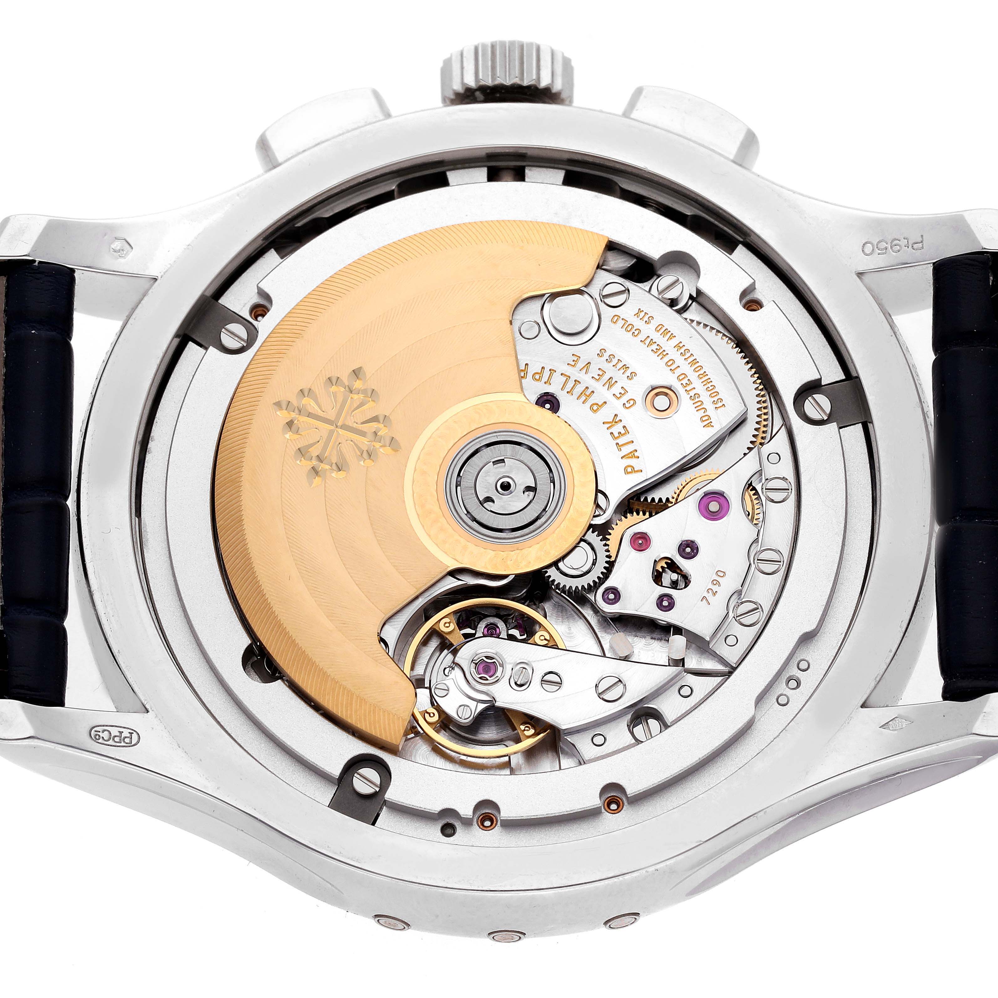The image shows the back of a Patek Philippe Complications 5905P - 001 Men's Platinum Blue Dial 5905P - 001 Men's Platinum Blue Dial watch, highlighting the movement and rotor mechanism.
