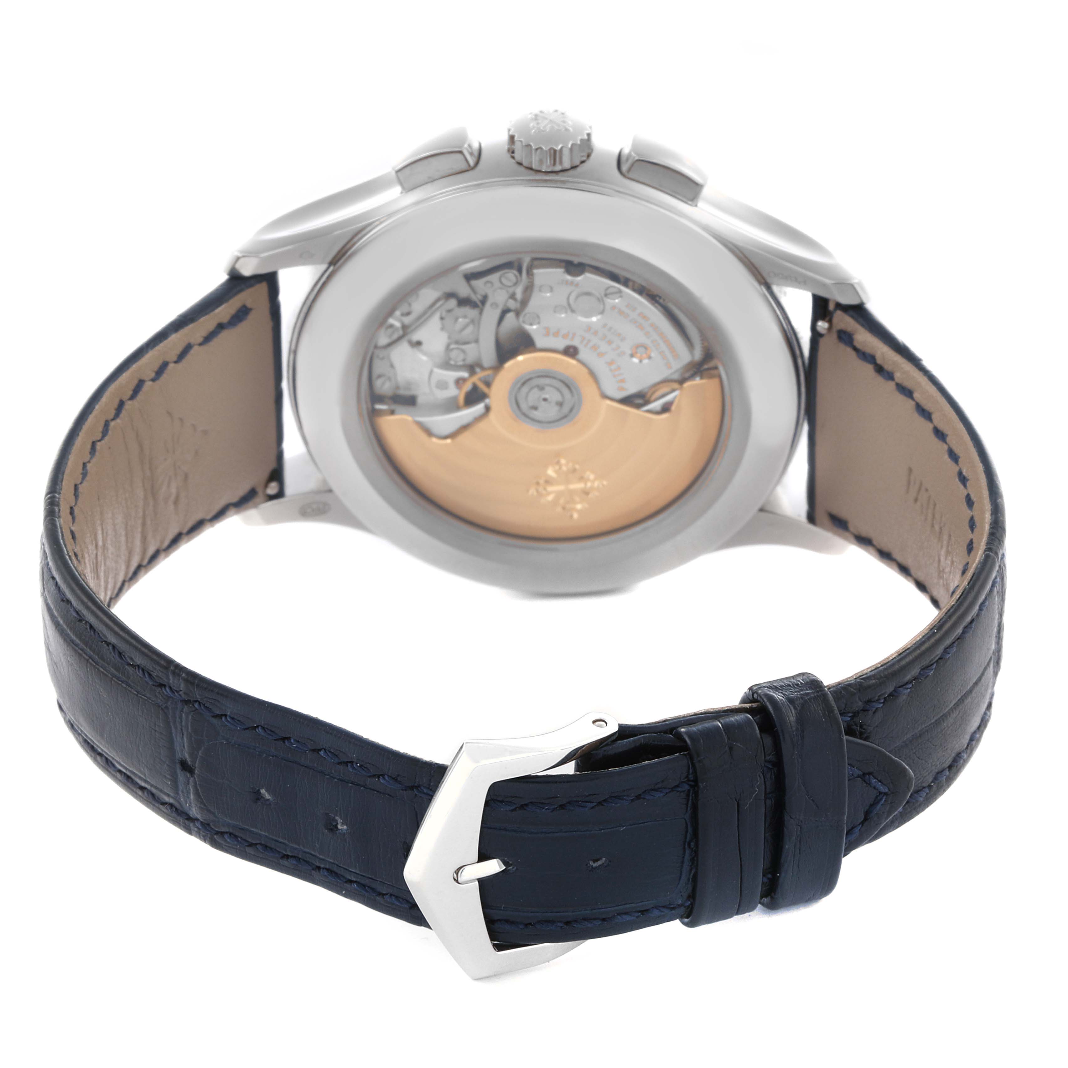 The image shows the back of a Patek Philippe Complications 5905P - 001 Men's Platinum Blue Dial 5905P - 001 Men's Platinum Blue Dial watch, highlighting the movement and leather strap.