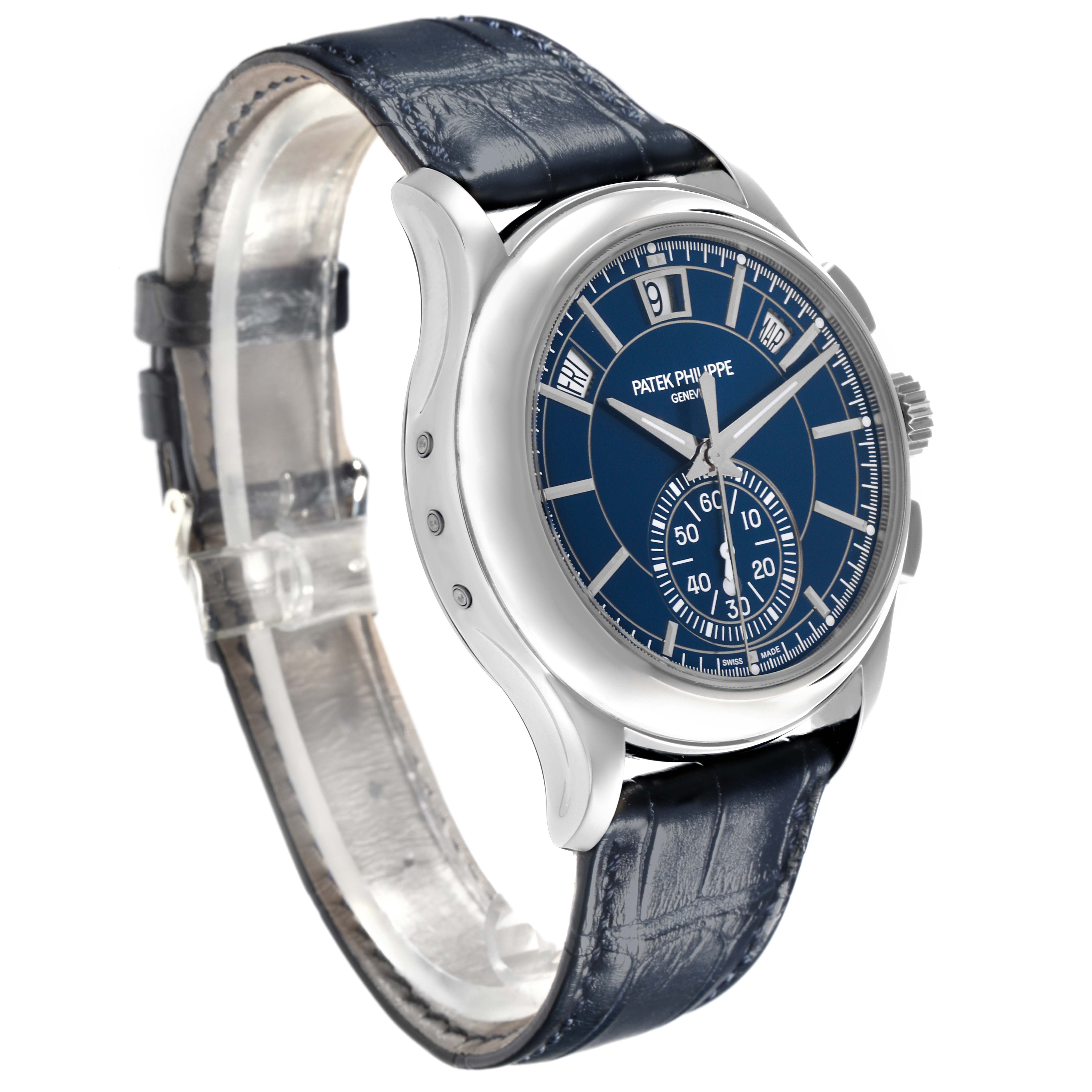 The Patek Philippe Complications 5905P - 001 Men's Platinum Blue Dial 5905P - 001 Men's Platinum Blue Dial watch is shown at a side angle, displaying the blue dial, case, crown, and leather strap.