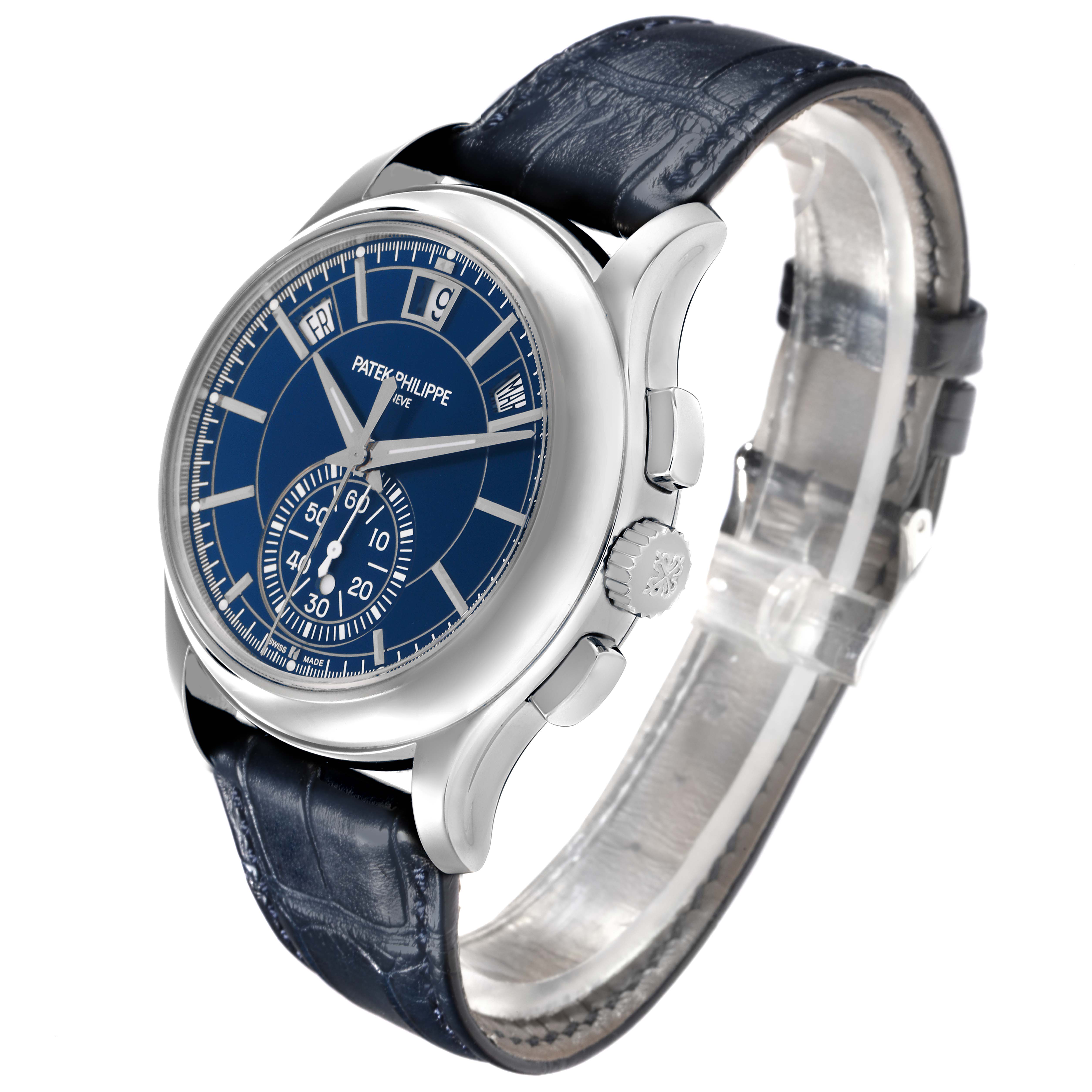The Patek Philippe Complications 5905P - 001 Men's Platinum Blue Dial 5905P - 001 Men's Platinum Blue Dial watch is shown at a three-quarter angle, displaying the face, crown, and part of the strap.