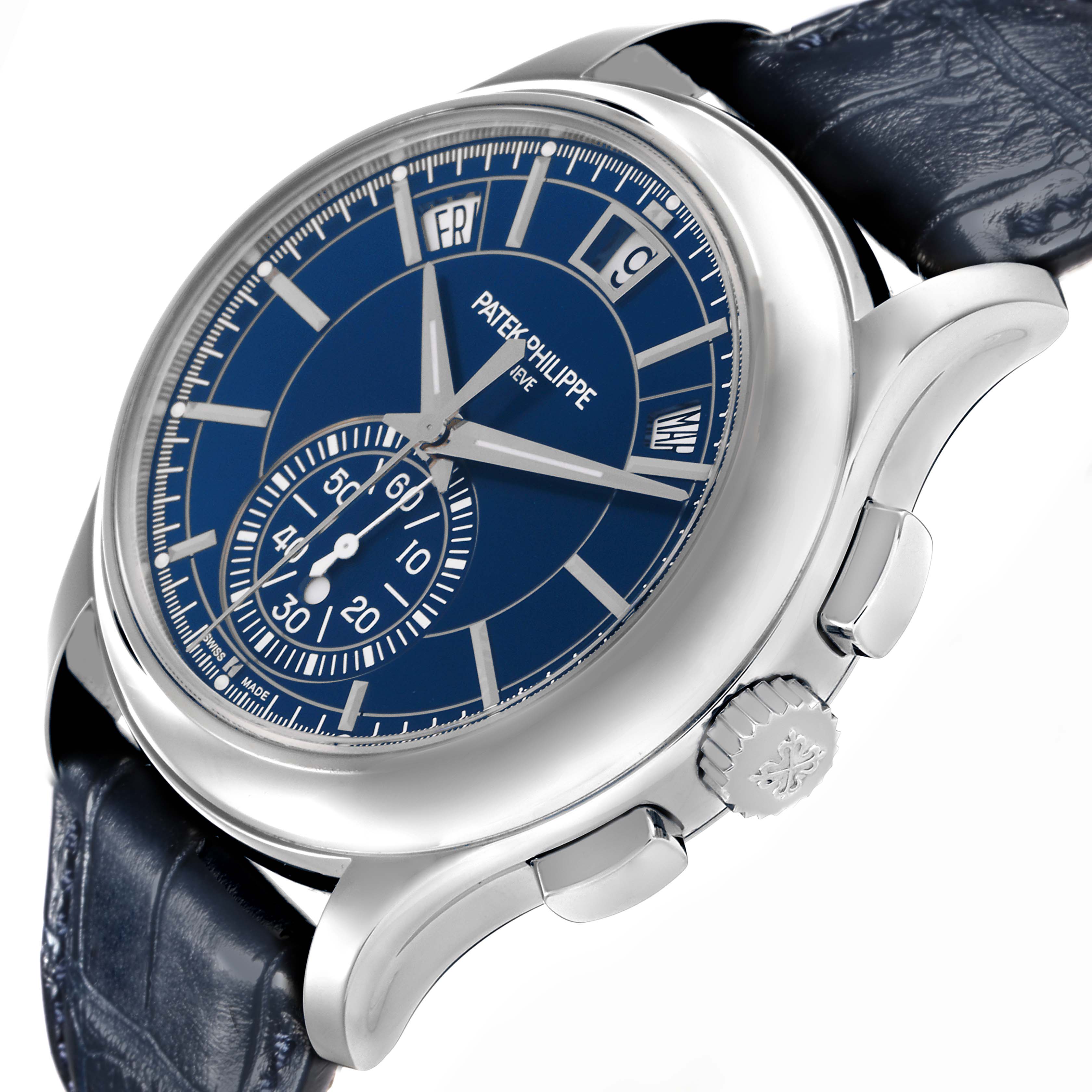 The Patek Philippe Complications 5905P - 001 Men's Platinum Blue Dial 5905P - 001 Men's Platinum Blue Dial watch is shown at an angle revealing the blue dial, side pushers, and crown, with a leather strap partially visible.