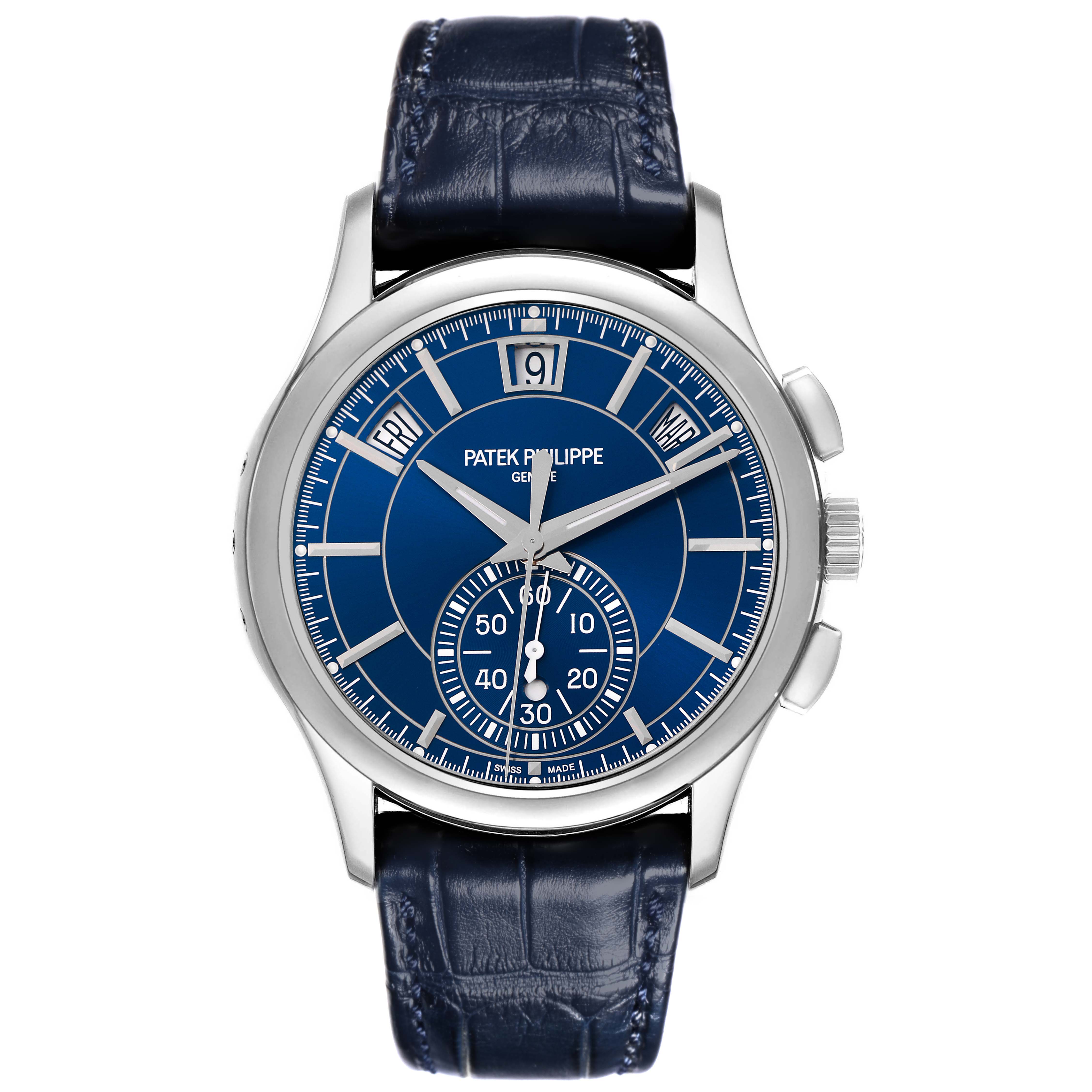 The Patek Philippe Complications 5905P - 001 Men's Platinum Blue Dial 5905P - 001 Men's Platinum Blue Dial watch is shown from a front angle, displaying its blue dial, silver indices, and blue leather strap.