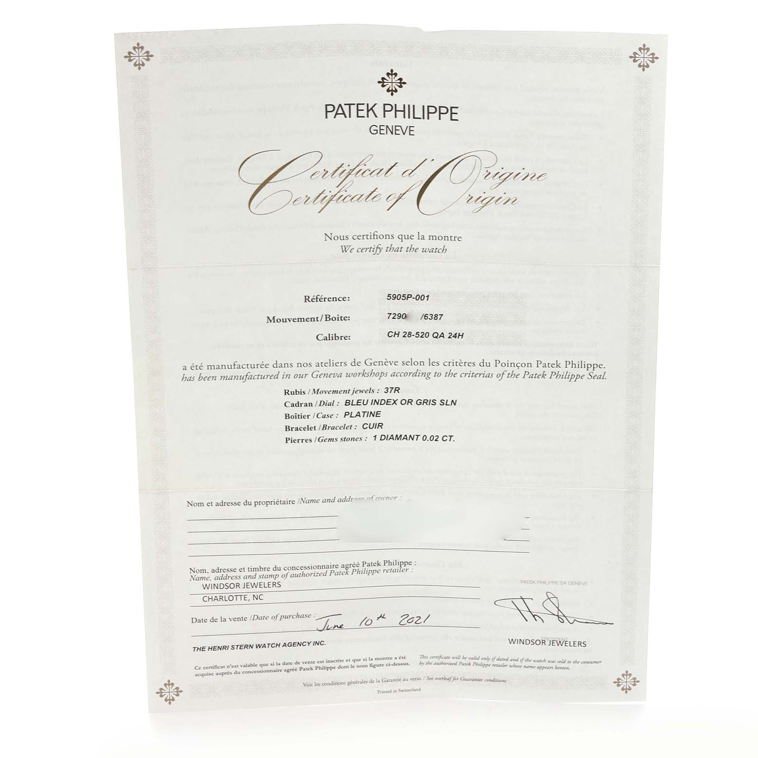The image shows a certificate of origin for a Patek Philippe Complications 5905P - 001 Men's Platinum Blue Dial 5905P - 001 Men's Platinum Blue Dial watch, not the watch itself.