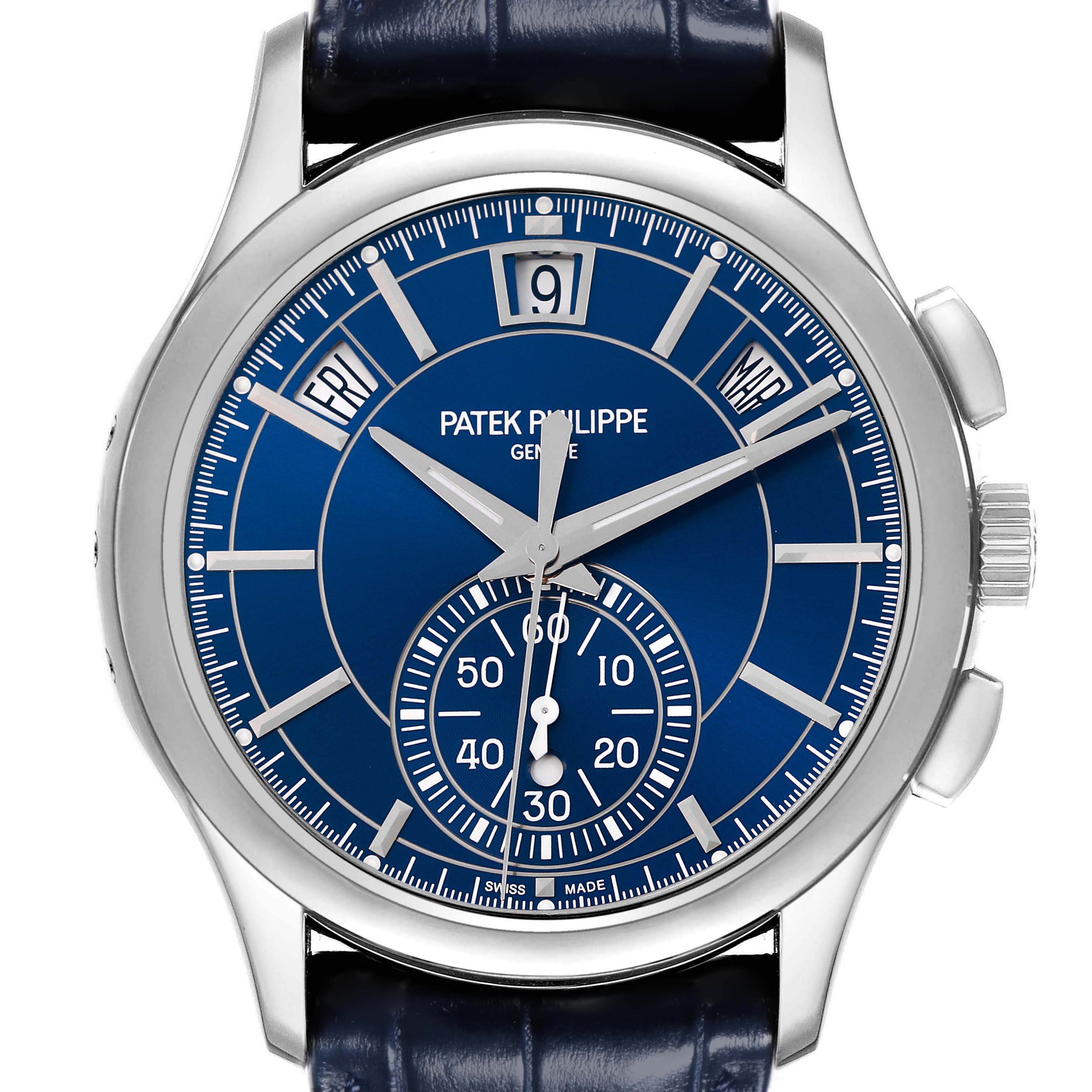 The Patek Philippe Complications 5905P - 001 Men's Platinum Blue Dial 5905P - 001 Men's Platinum Blue Dial watch is shown from the front, highlighting the blue dial, sub-dial, date windows, and leather strap.