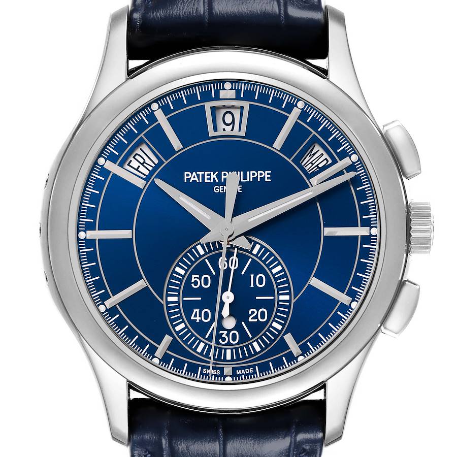 The Patek Philippe Complications watch is shown from the front, highlighting the blue dial, sub-dial, date windows, and leather strap.