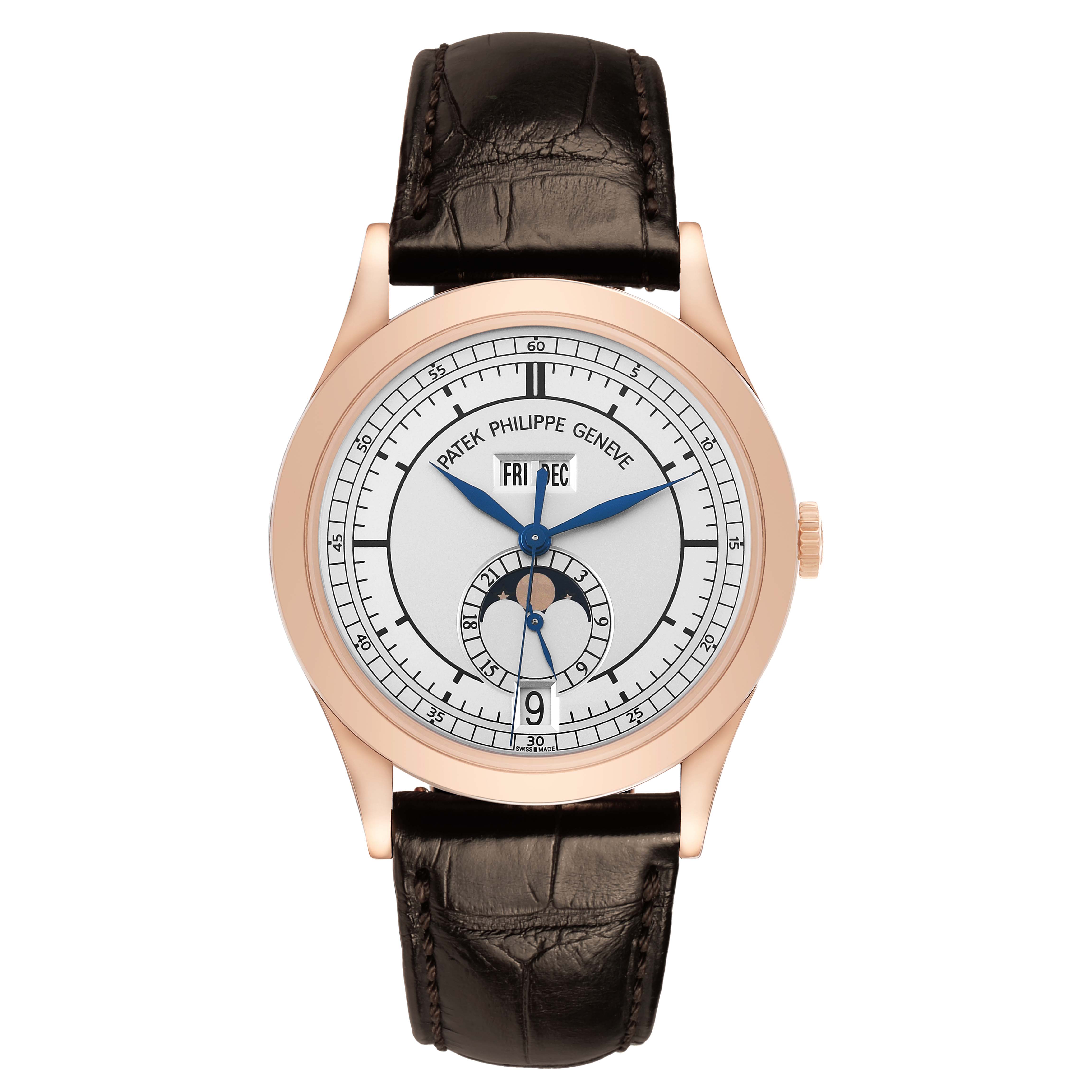 The Patek Philippe Complications 5396R-001 Men's Rose Gold Silver Dial watch is shown from a front angle, displaying its face, dial, and leather strap.