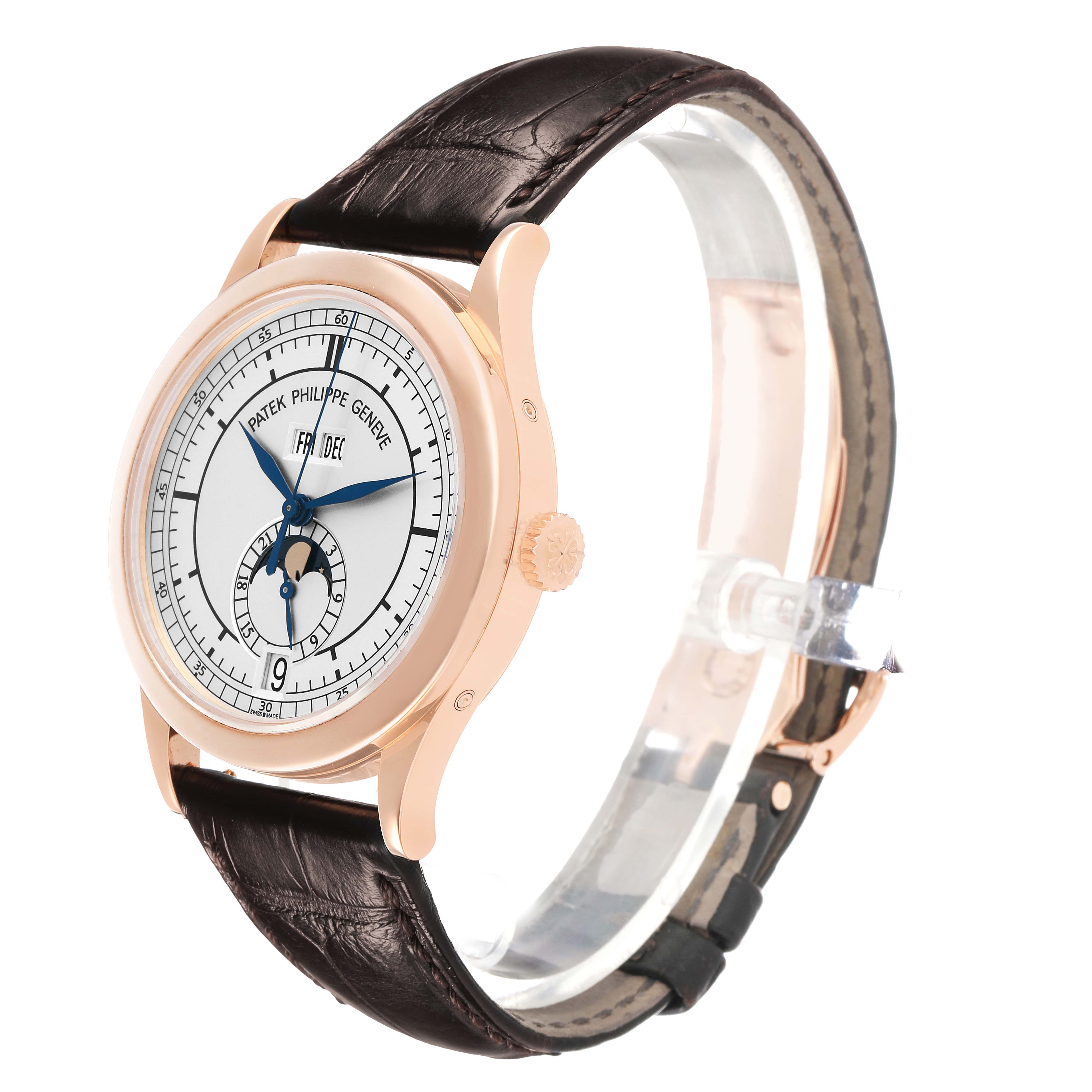 The Patek Philippe Complications 5396R-001 Men's Rose Gold Silver Dial watch is shown at a three-quarter angle, highlighting the dial, case, and leather strap.