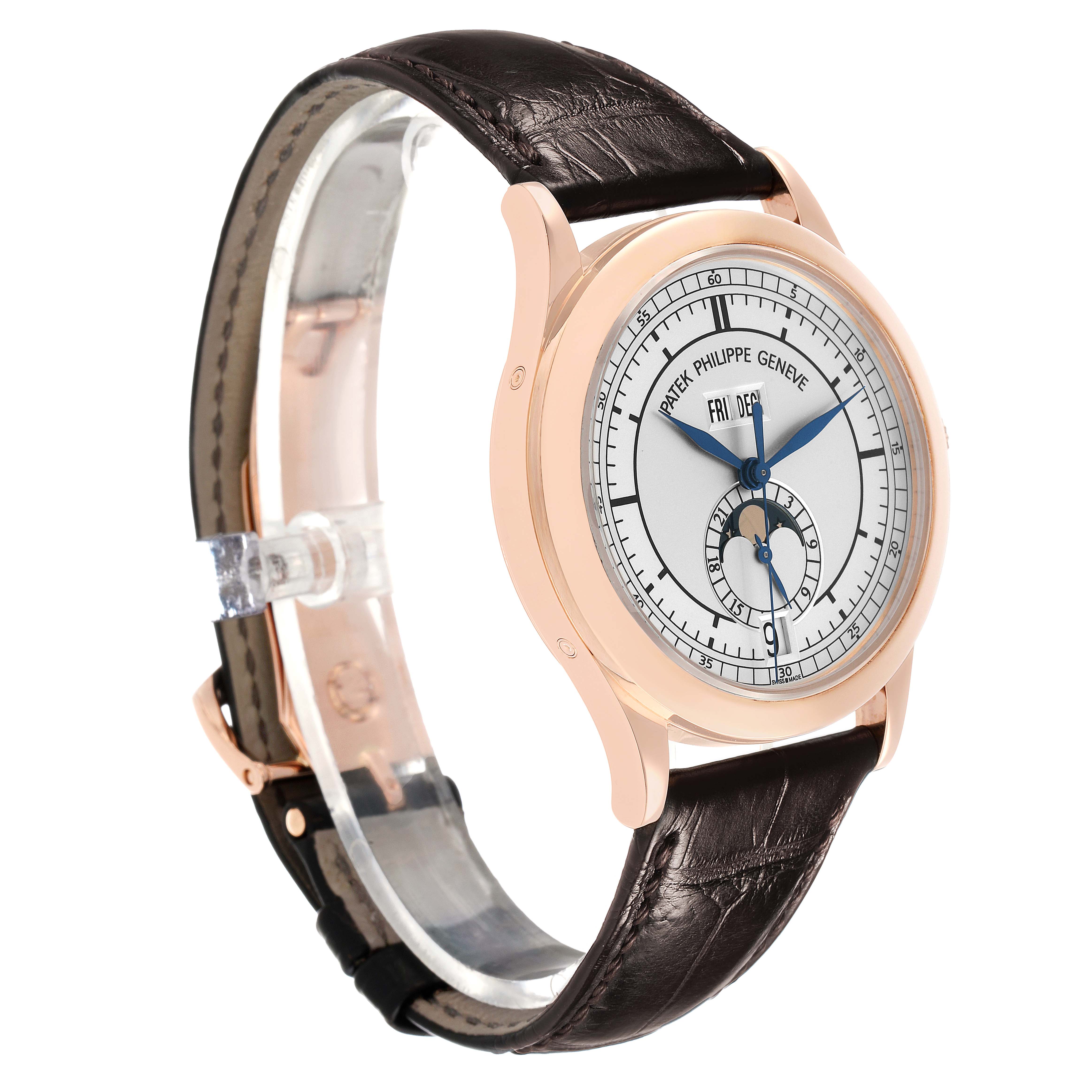 The Patek Philippe Complications 5396R-001 Men's Rose Gold Silver Dial watch is shown at a three-quarter angle, highlighting its dial, case, and leather strap.