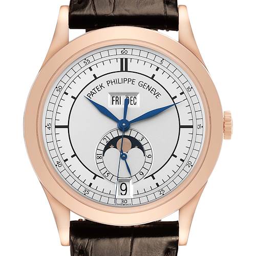 The Patek Philippe Complications 5396R-001 Men's Rose Gold Silver Dial watch is shown from the front, displaying the dial, hands, moon phase, date, and day display.