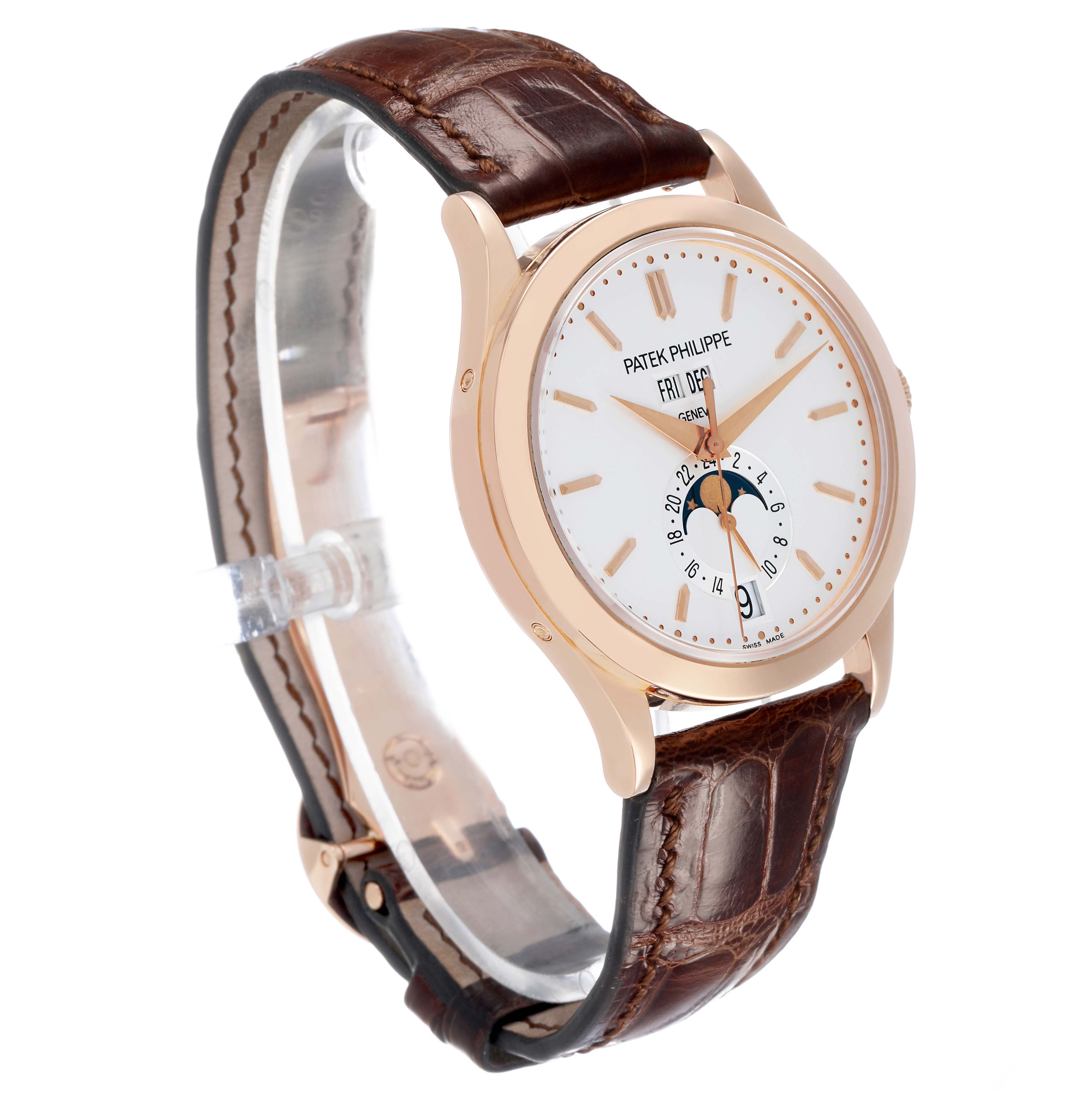 The Patek Philippe Complications 5396R Men's Rose Gold Silver Dial watch is shown at a slight side angle, highlighting the dial, case, and leather strap.