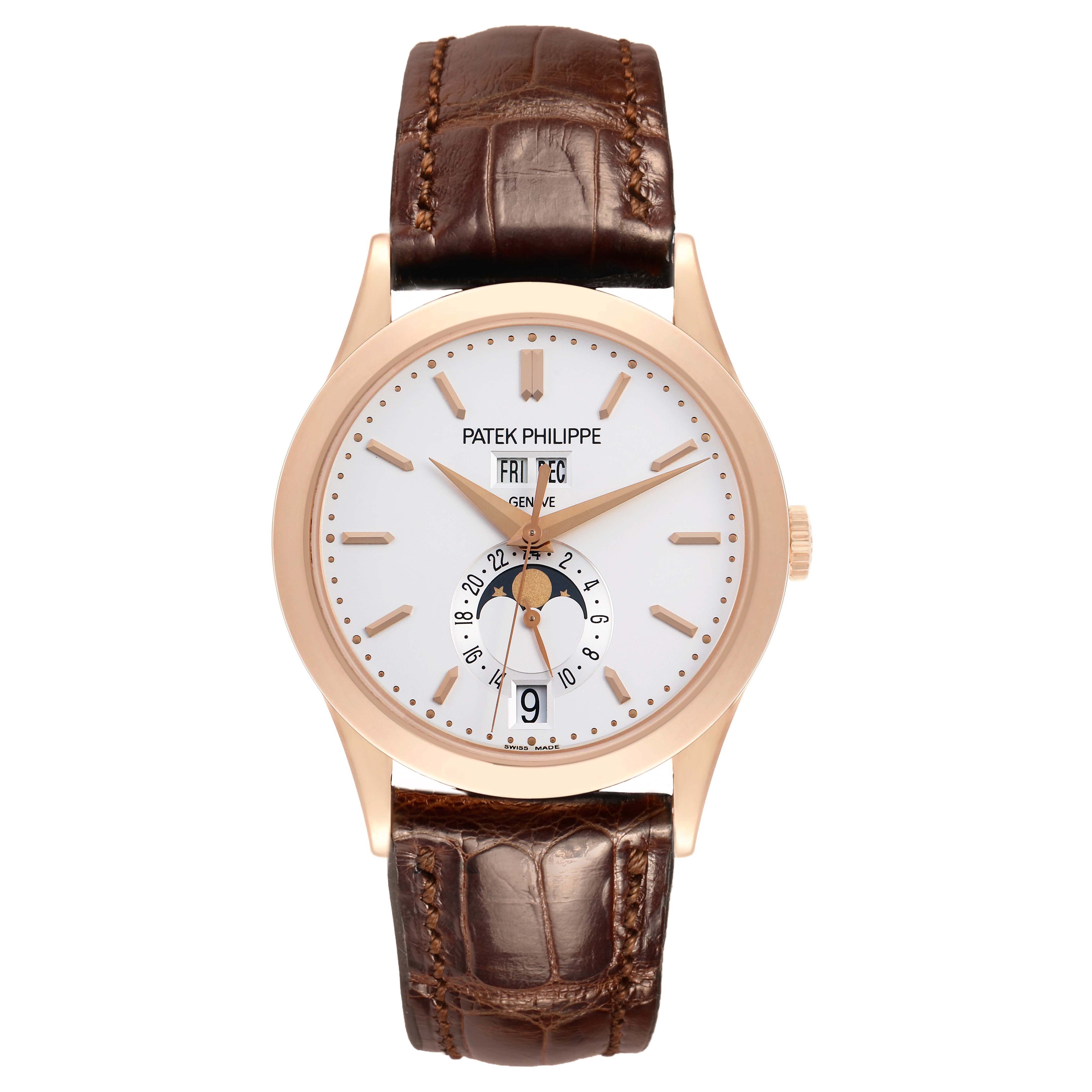 The Patek Philippe Complications 5396R Men's Rose Gold Silver Dial watch is shown from the front, highlighting the dial, moon phase, and brown leather strap.