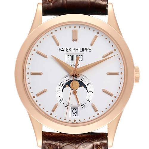 The image shows a front view of the Patek Philippe Complications 5396R Men's Rose Gold Silver Dial watch, highlighting its dial, hands, and moon phase display.