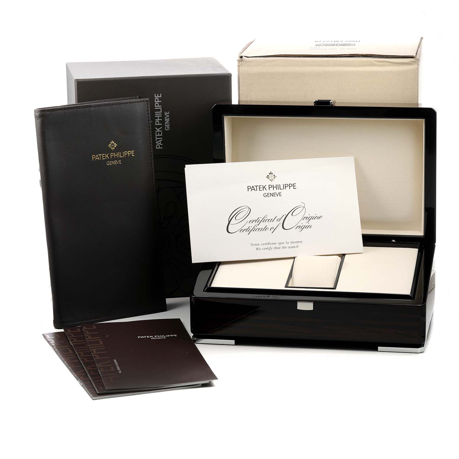The image shows packaging and documentation for a Patek Philippe Complications 5396R Men's Rose Gold Silver Dial watch, including the certificate of origin.