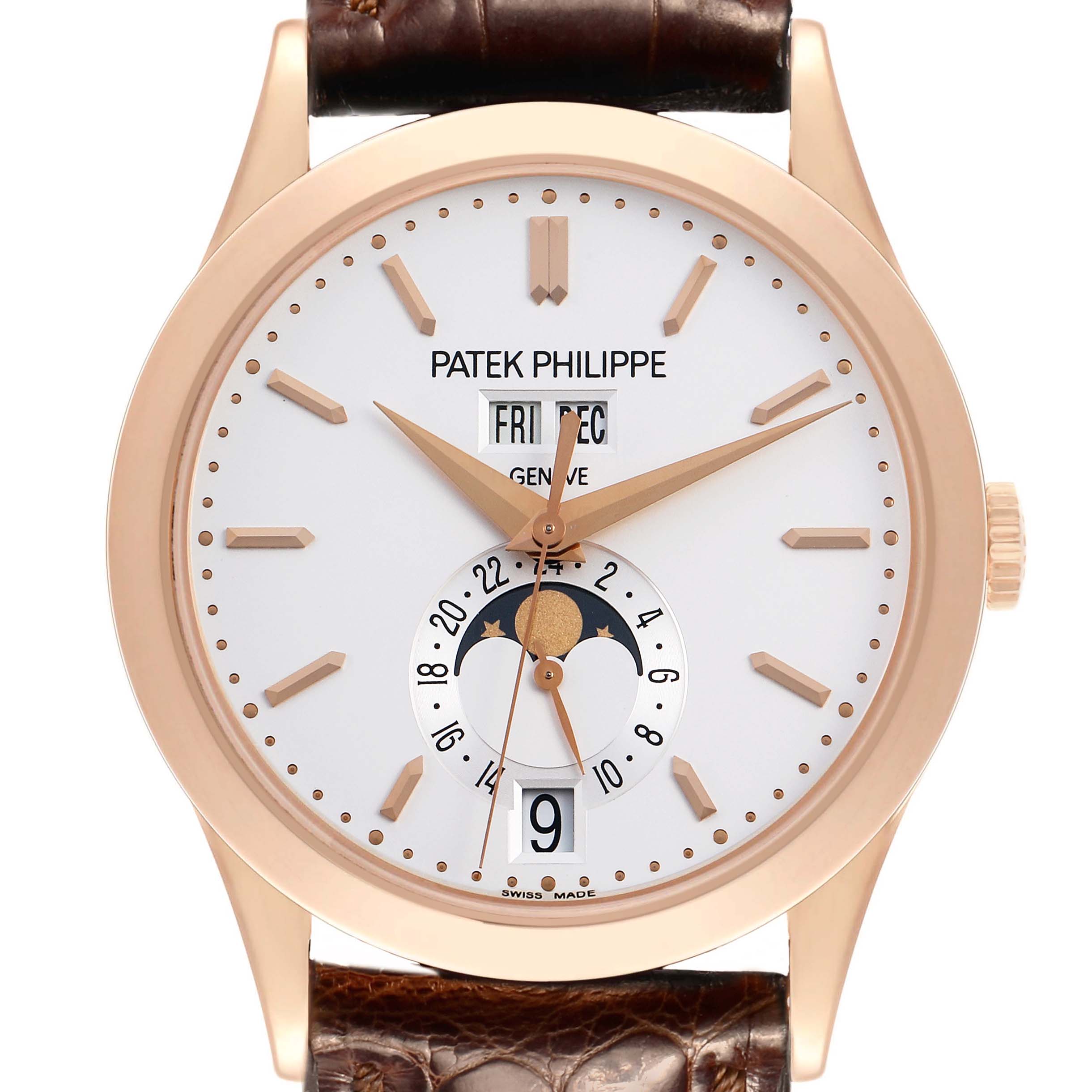 The image shows a front view of the Patek Philippe Complications 5396R Men's Rose Gold Silver Dial watch, highlighting its dial with date, day, and moon phase.