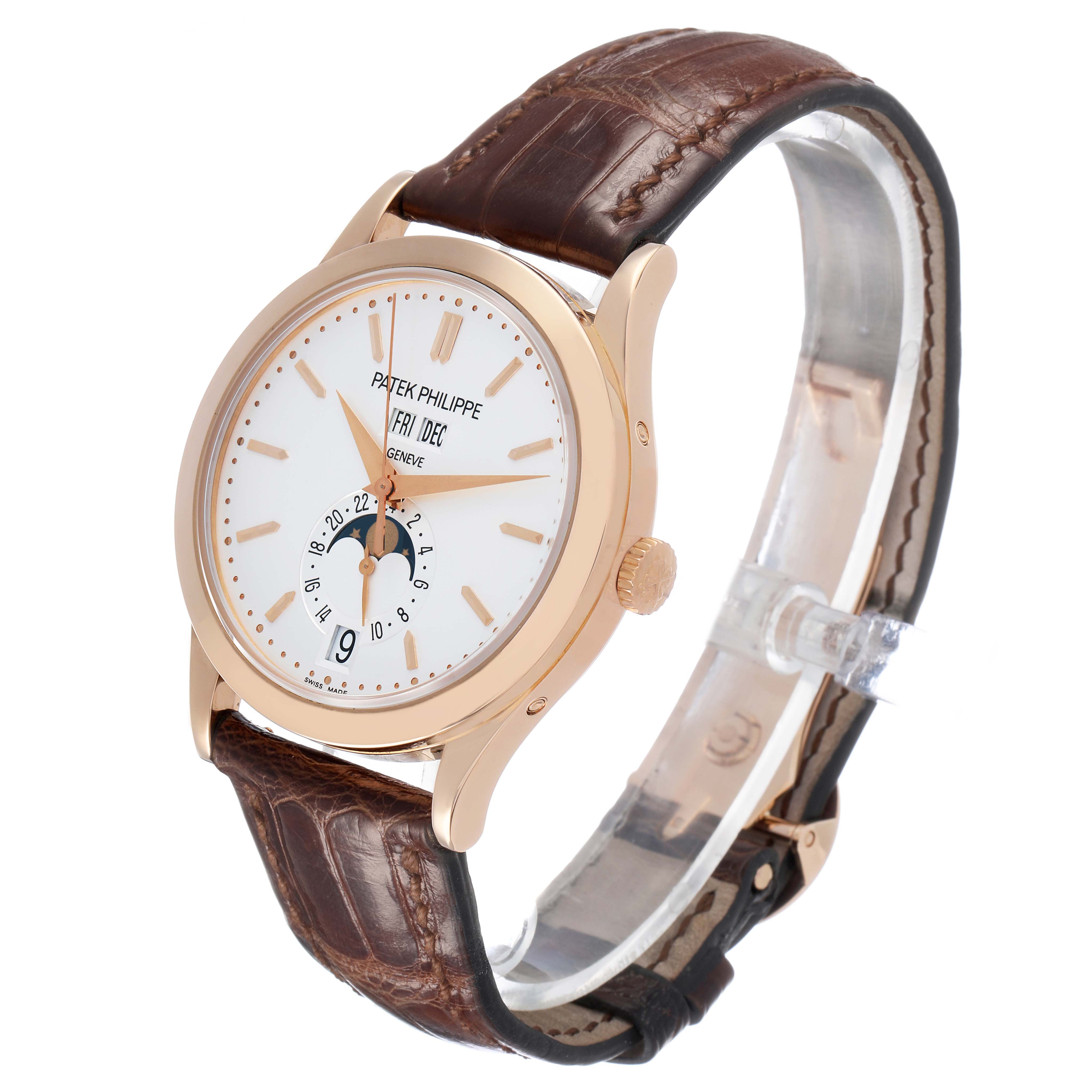 The Patek Philippe Complications 5396R Men's Rose Gold Silver Dial watch is shown at a three-quarter angle, displaying the dial, leather strap, and crown.