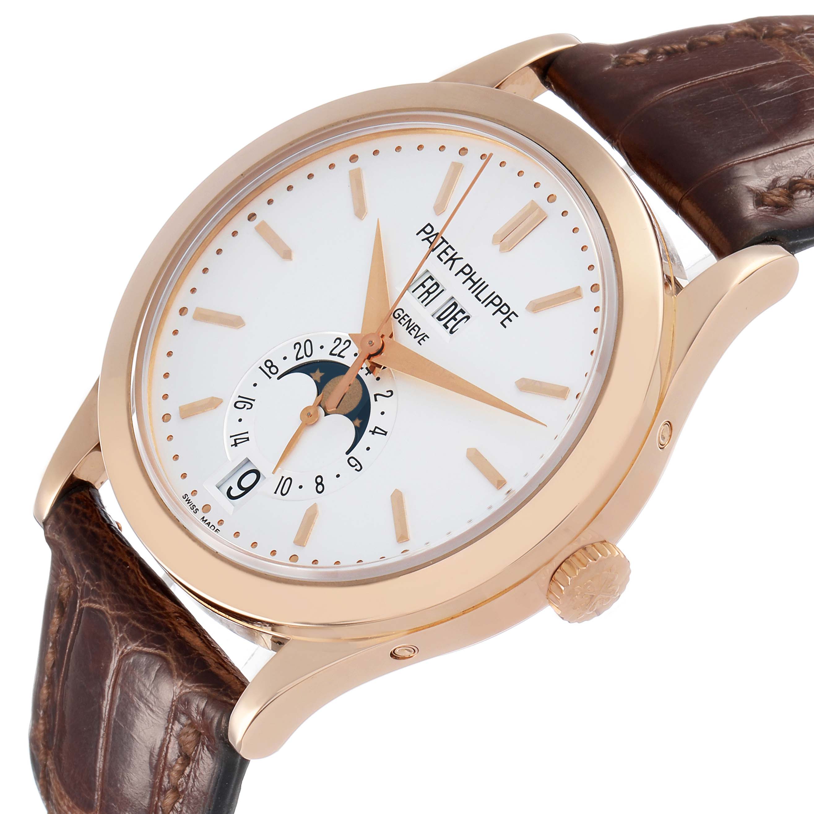 The Patek Philippe Complications 5396R Men's Rose Gold Silver Dial watch is shown from a three-quarter angle, highlighting the face, case, crown, and strap.