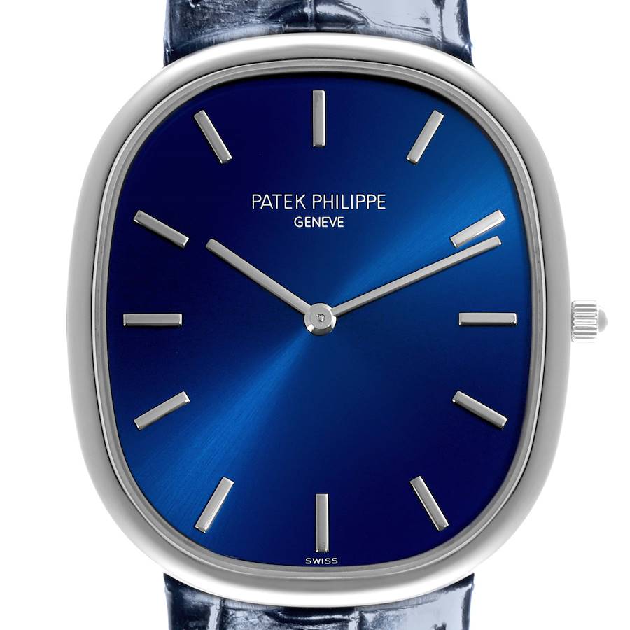 The image shows a front view of the Patek Philippe Golden Ellipse watch, highlighting the blue dial and silver markers.