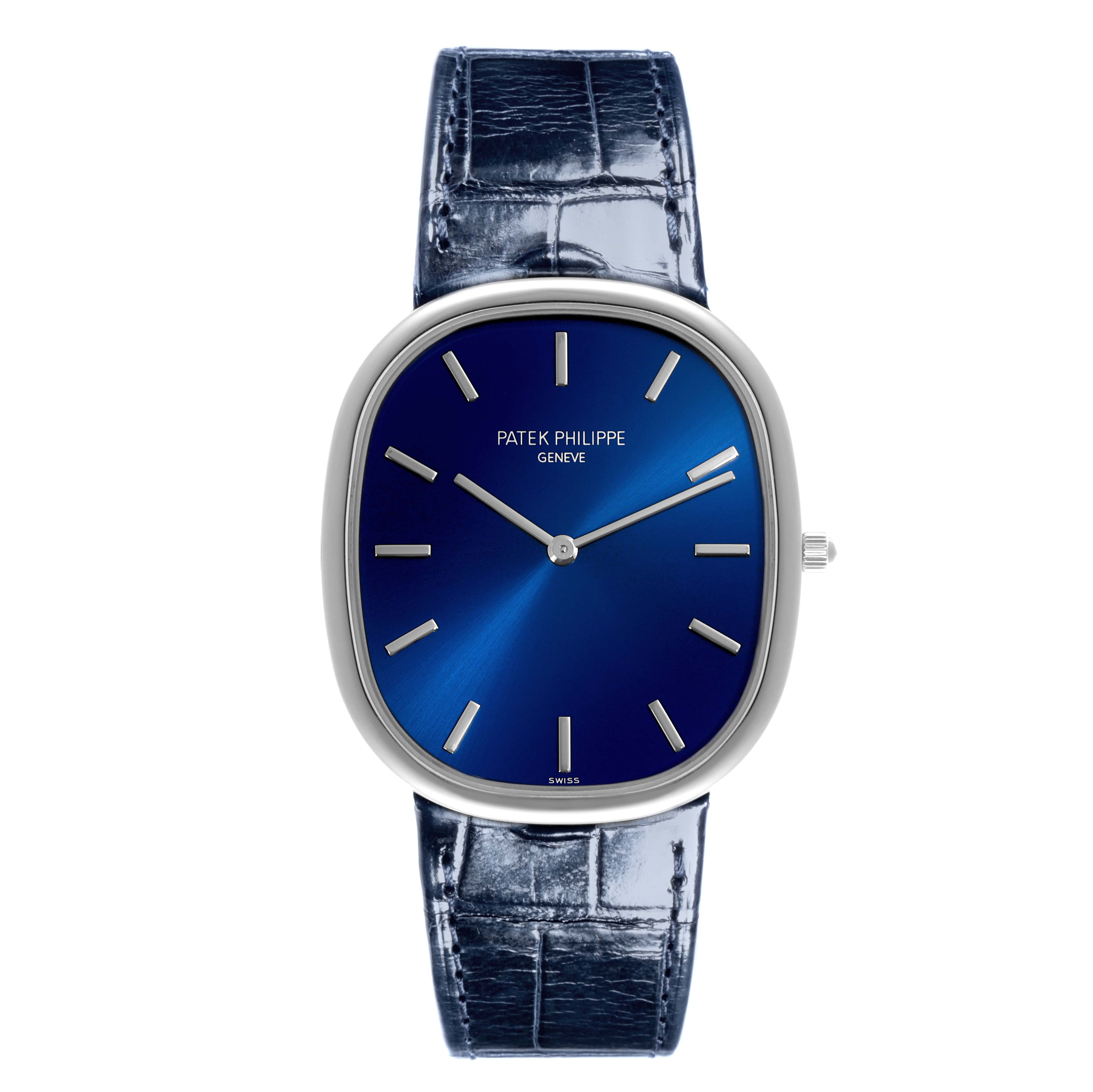 The Patek Philippe Golden Ellipse 5738P-001 Men's Platinum Blue Dial 5738P-001 Men's Platinum Blue Dial watch is shown from a front angle highlighting its blue dial, markers, hands, and leather strap.