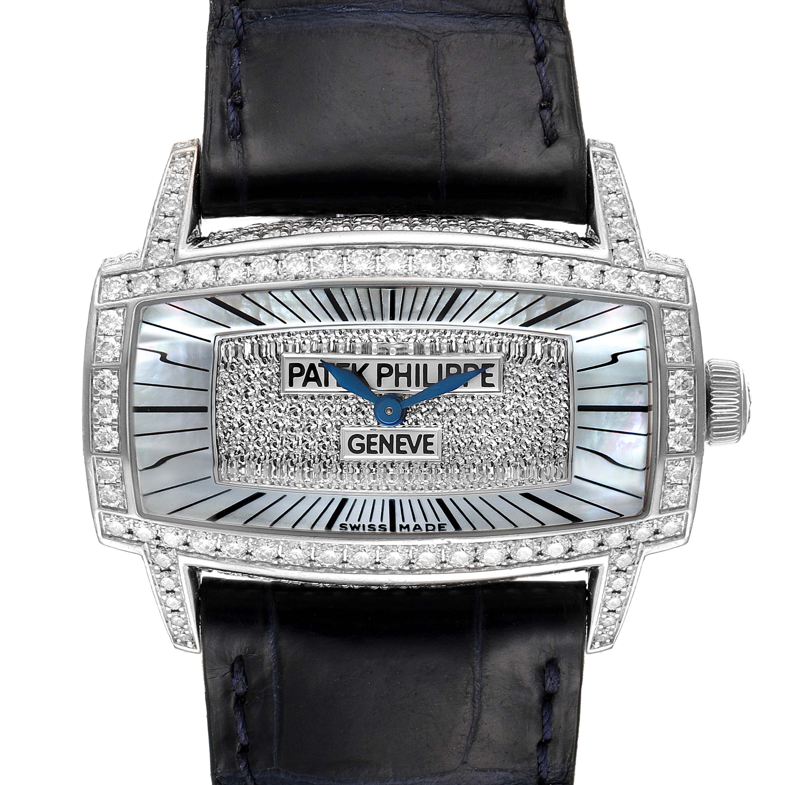 The image shows a top-down view of the Patek Philippe Gondolo 4992G Women's White Gold Mother of Pearl Dial 4992G Women's White Gold Mother of Pearl Dial watch, highlighting the diamond-encrusted rectangular face and leather strap.
