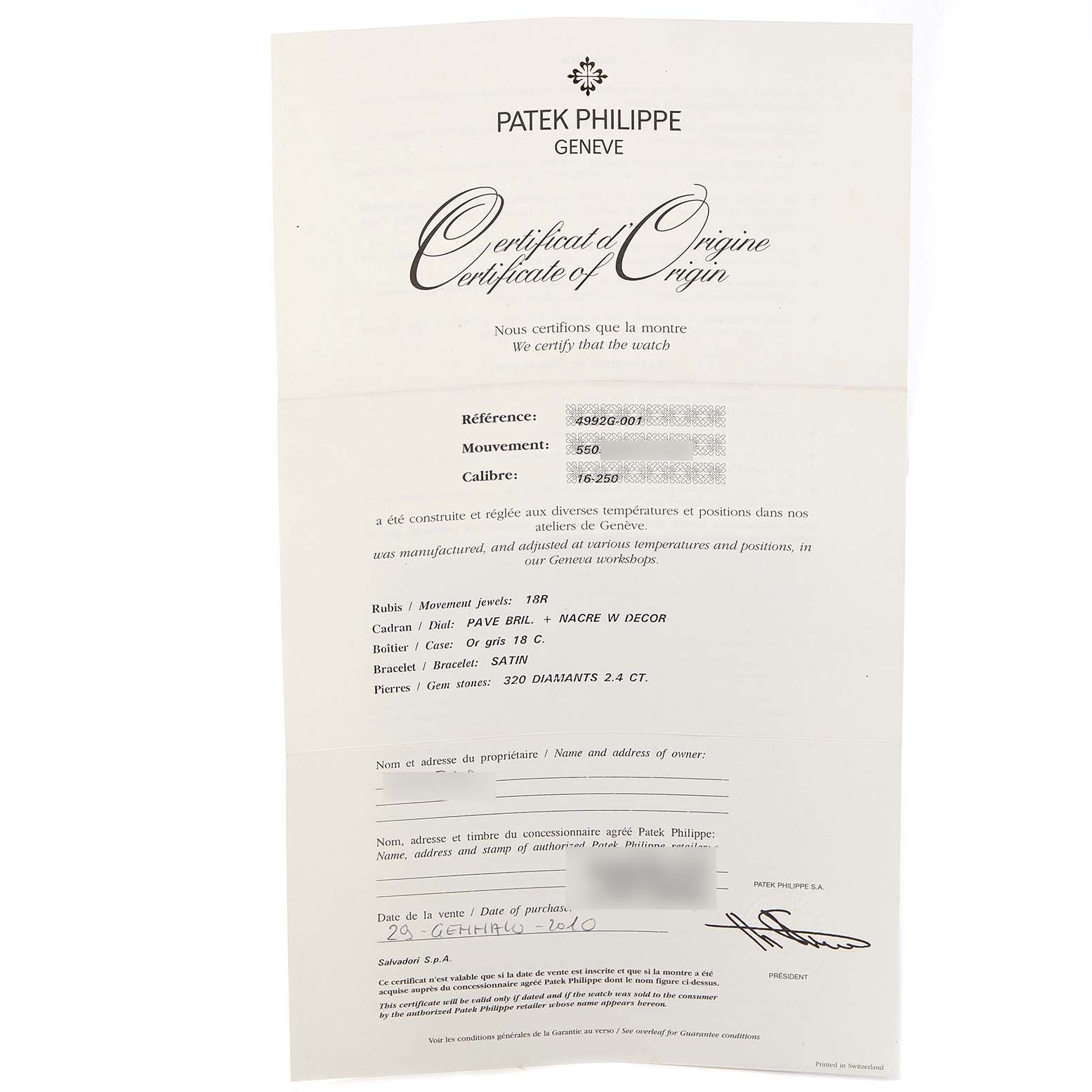This image shows the Certificate of Origin for a Patek Philippe Gondolo 4992G Women's White Gold Mother of Pearl Dial 4992G Women's White Gold Mother of Pearl Dial model watch, detailing its specifications and purchase information.
