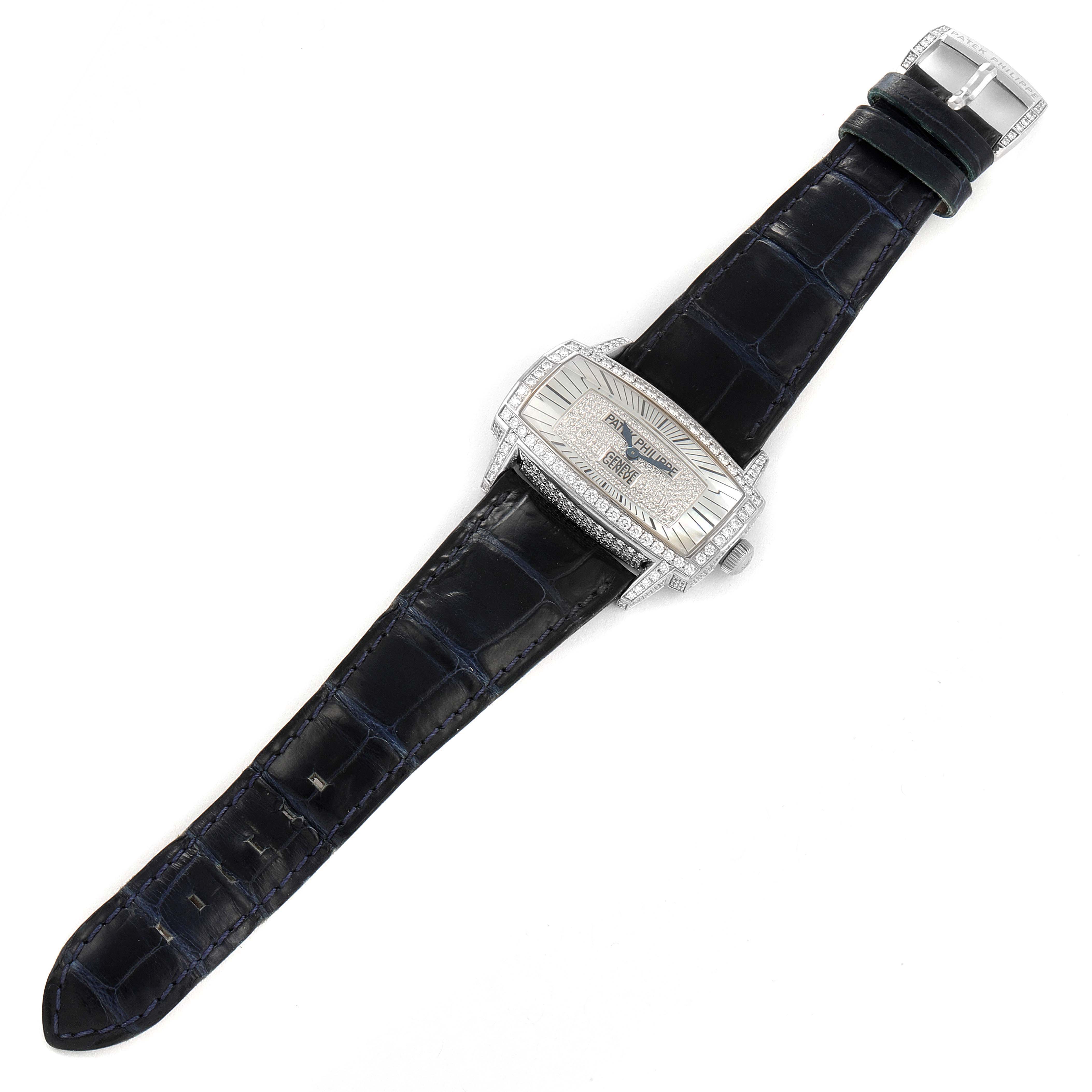 The image shows a full view of the Patek Philippe Gondolo 4992G Women's White Gold Mother of Pearl Dial 4992G Women's White Gold Mother of Pearl Dial watch, highlighting its face, strap, and buckle.