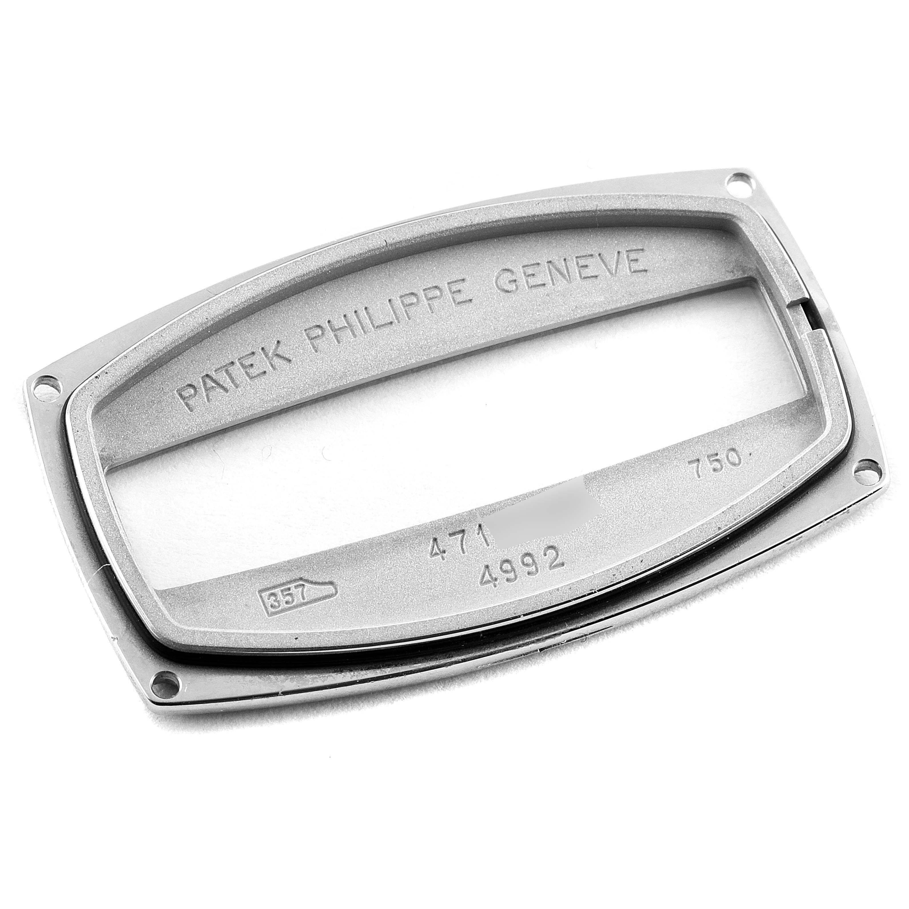 This image shows the front casing of a Patek Philippe Gondolo 4992G Women's White Gold Mother of Pearl Dial 4992G Women's White Gold Mother of Pearl Dial watch, highlighting the brand engraving and model details.