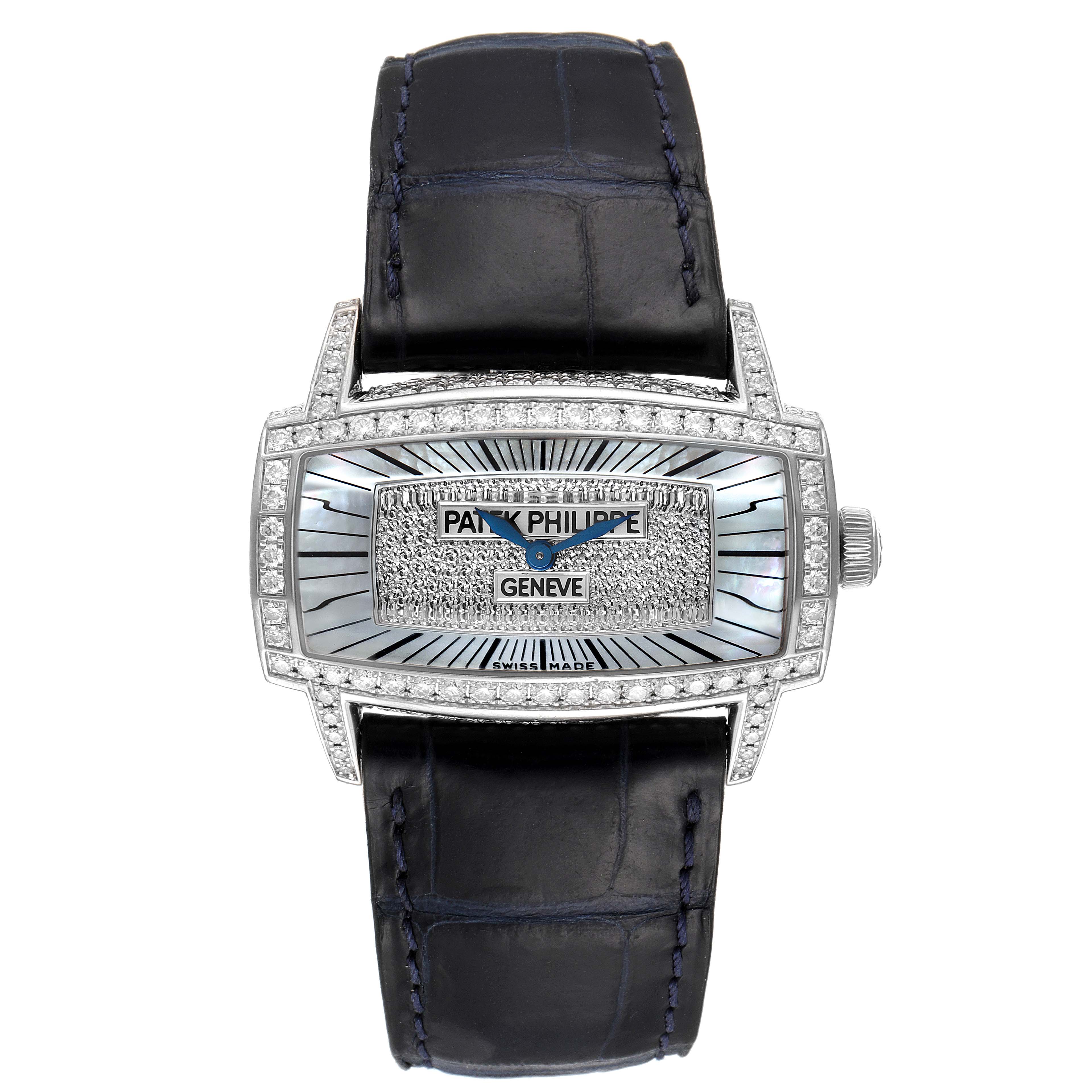 The image shows a frontal view of a Patek Philippe Gondolo 4992G Women's White Gold Mother of Pearl Dial 4992G Women's White Gold Mother of Pearl Dial watch, highlighting its rectangular dial, leather strap, and diamond-studded bezel.