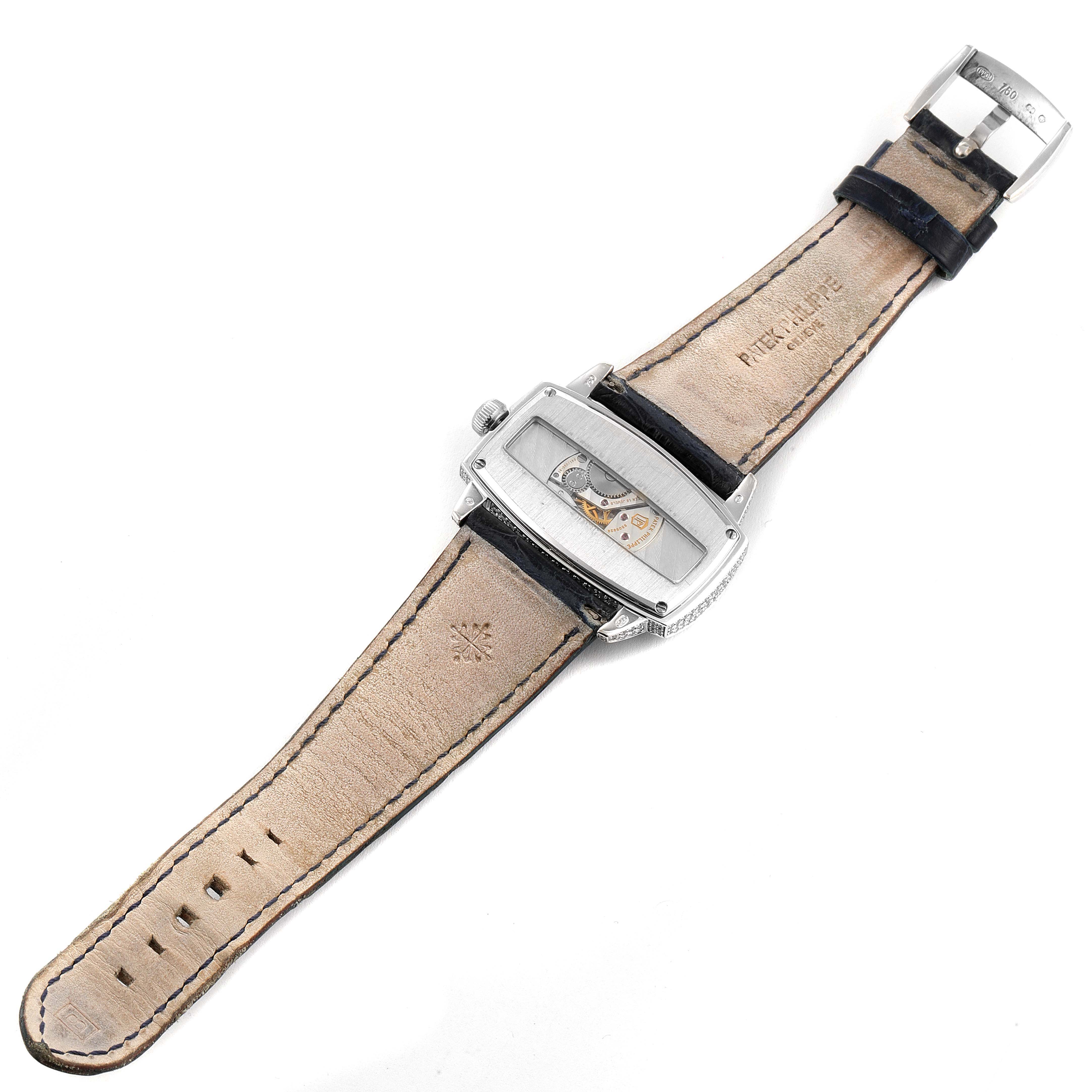 This image shows the back view of the Patek Philippe Gondolo 4992G Women's White Gold Mother of Pearl Dial 4992G Women's White Gold Mother of Pearl Dial watch, highlighting its movement and leather strap.