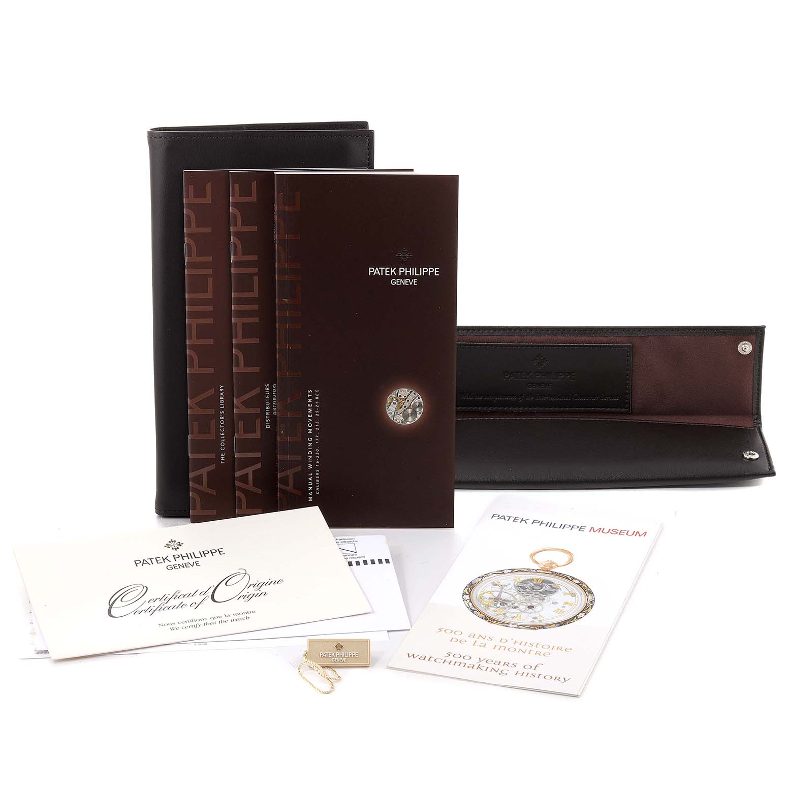 The image shows the packaging and accessories for the Patek Philippe Gondolo 4992G Women's White Gold Mother of Pearl Dial 4992G Women's White Gold Mother of Pearl Dial watch, including manuals, a certificate, and a leather case.