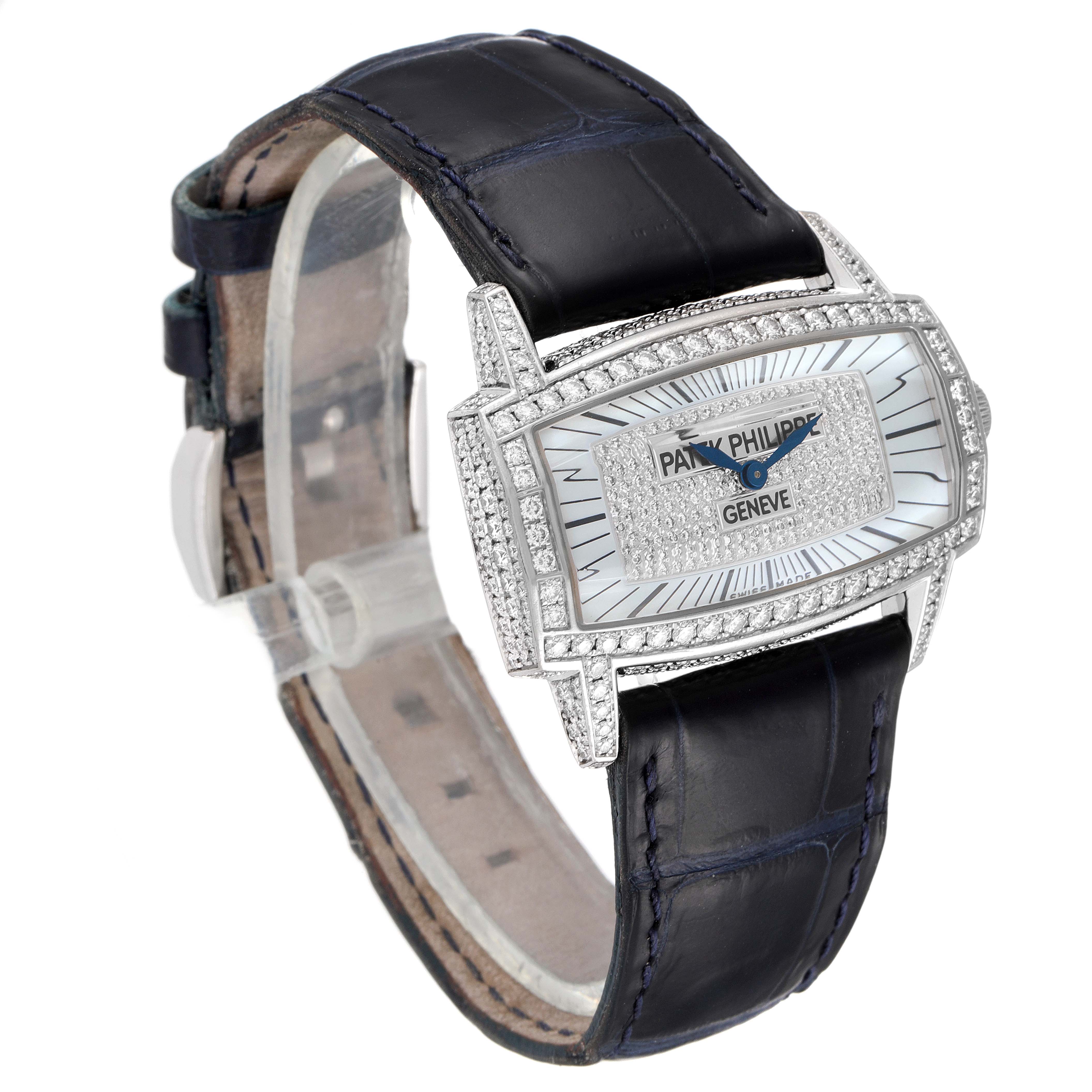 The image shows a front-side angle of the Patek Philippe Gondolo 4992G Women's White Gold Mother of Pearl Dial 4992G Women's White Gold Mother of Pearl Dial watch, highlighting its dial, strap, and diamond-encrusted bezel.
