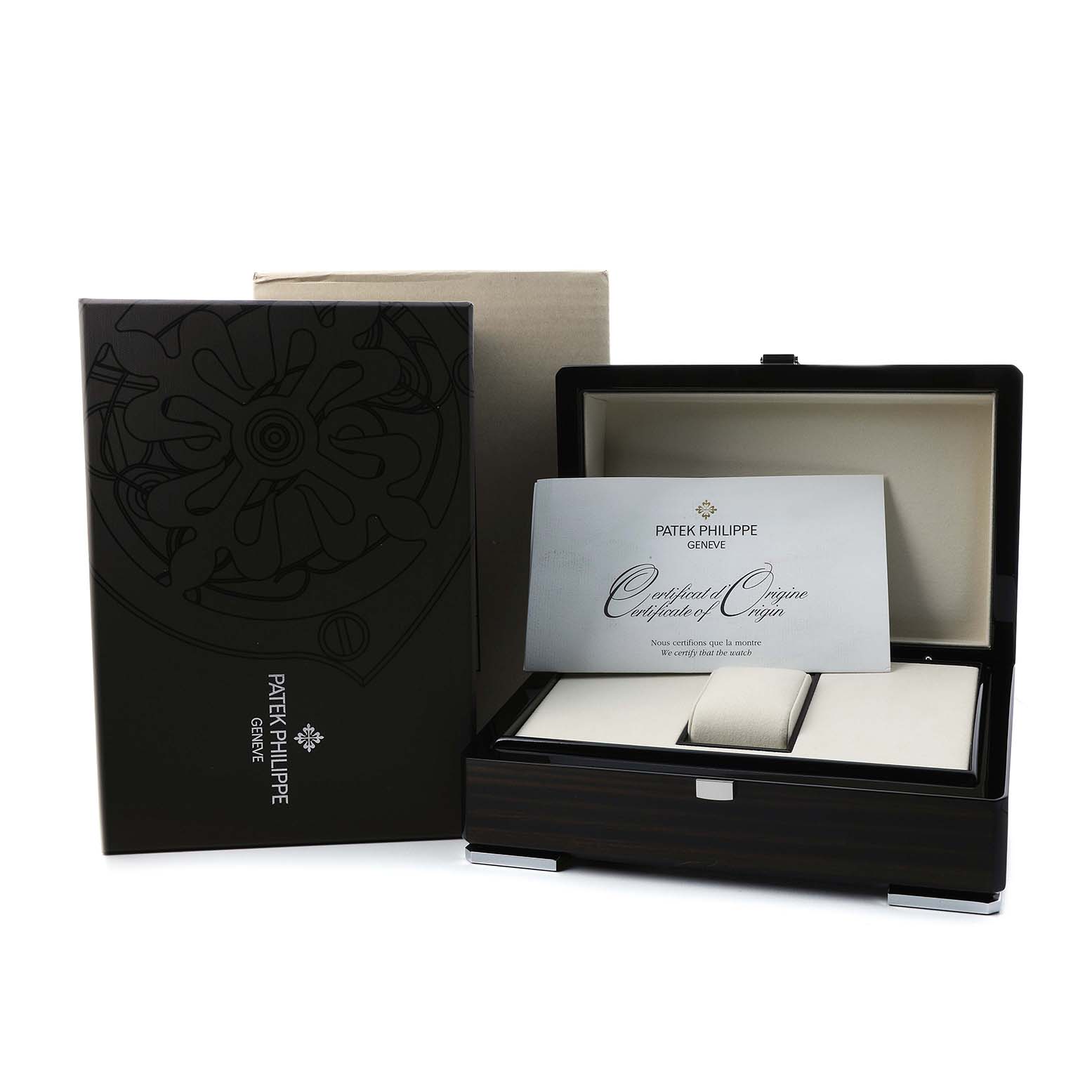 The image shows a Patek Philippe Complications 5270 Men's White Gold Silver Dial watch box, certificate, and packaging from a frontal angle.