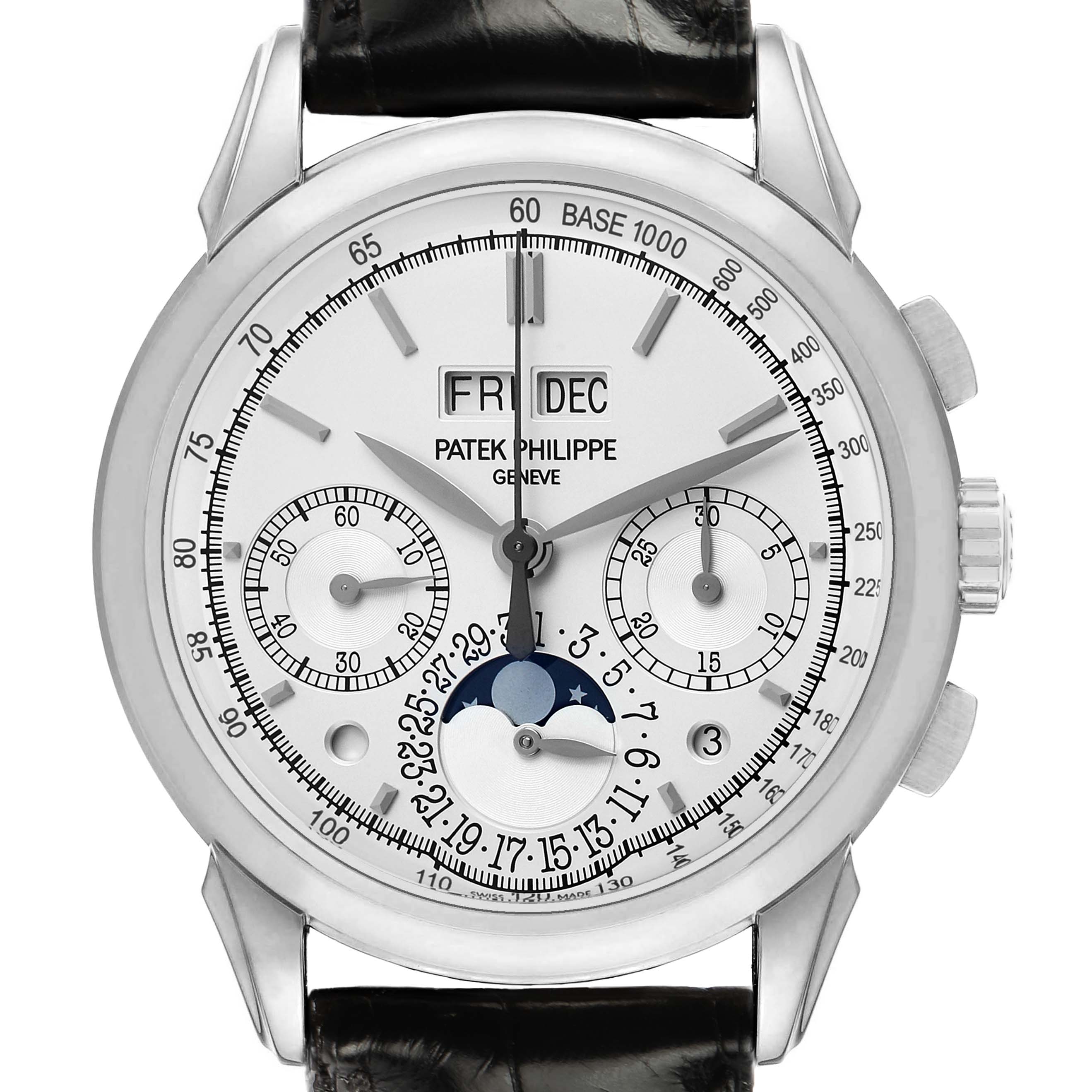 The Patek Philippe Complications 5270 Men's White Gold Silver Dial watch is shown from the front, displaying its dials and calendar features.