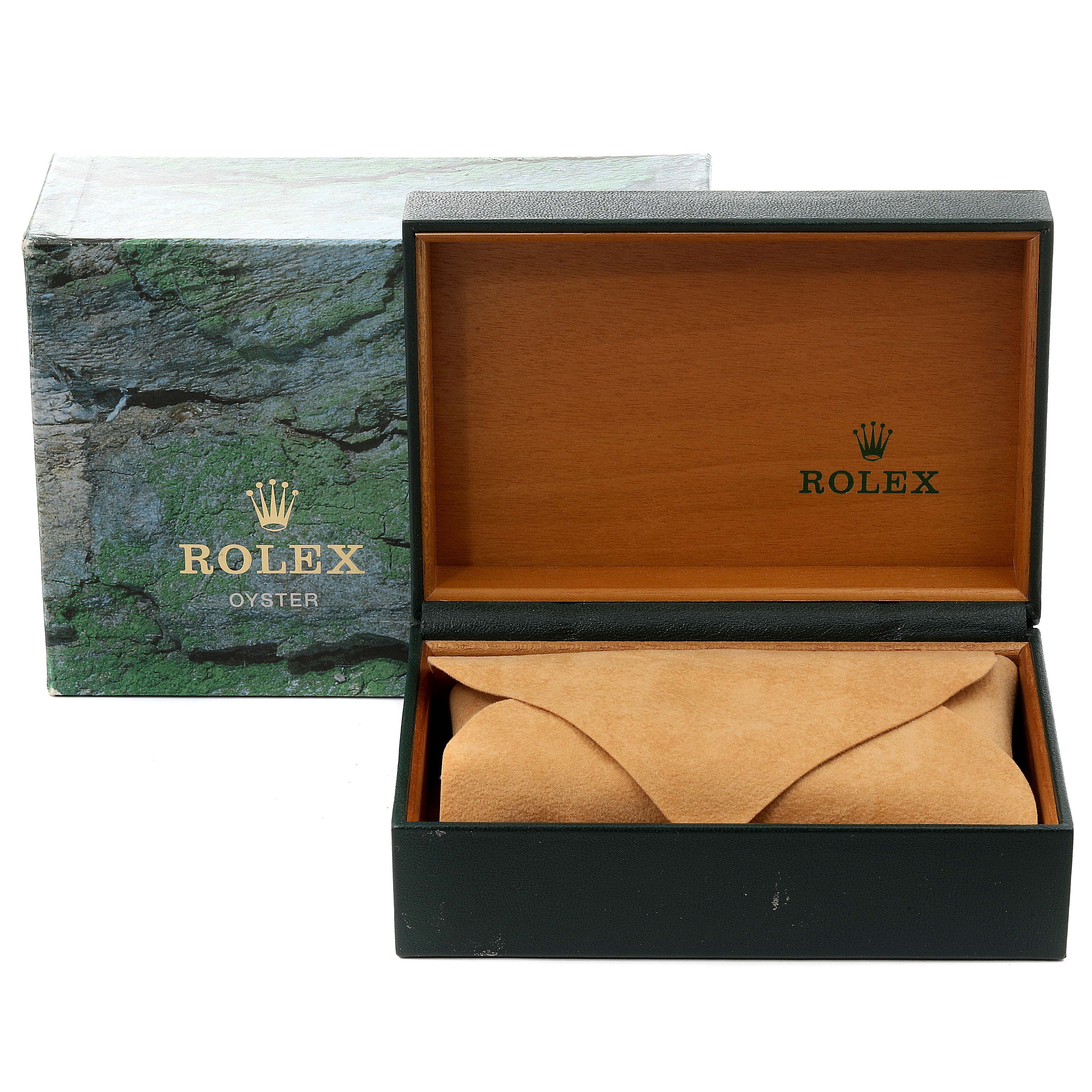 The image shows the packaging of a Rolex Air-King 14000 Men's Stainless Steel Pink Dial 14000 Men's Stainless Steel Pink Dial watch, including the outer box, inner box, and a suede pouch.